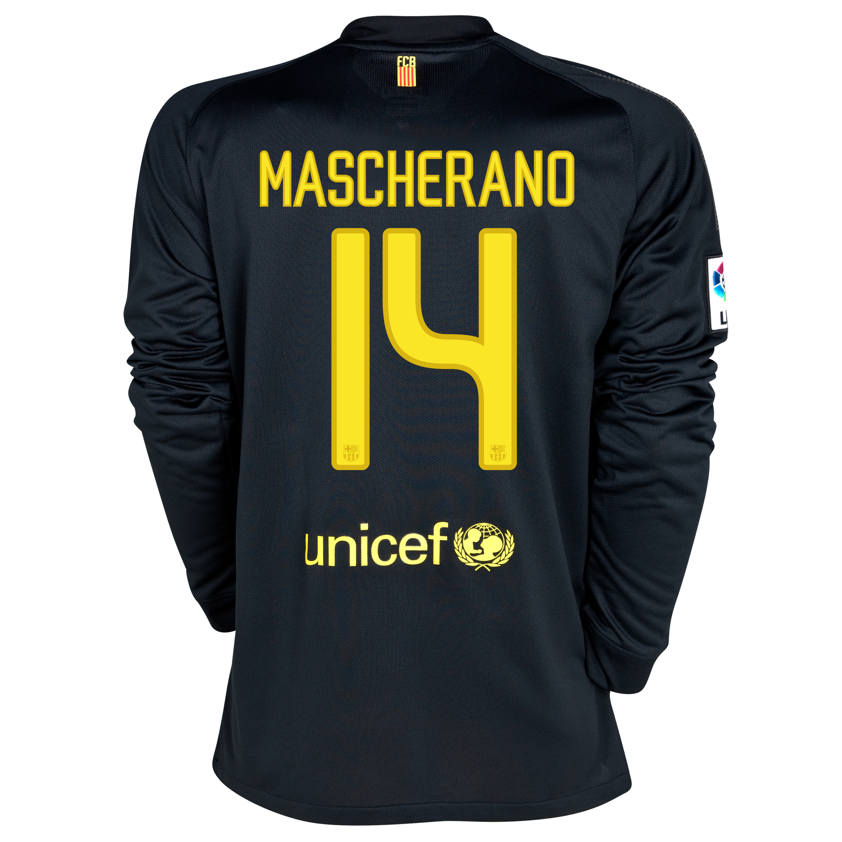 Barcelona Away Shirt 2011/12 - Long Sleeved with Mascherano 14 printing.