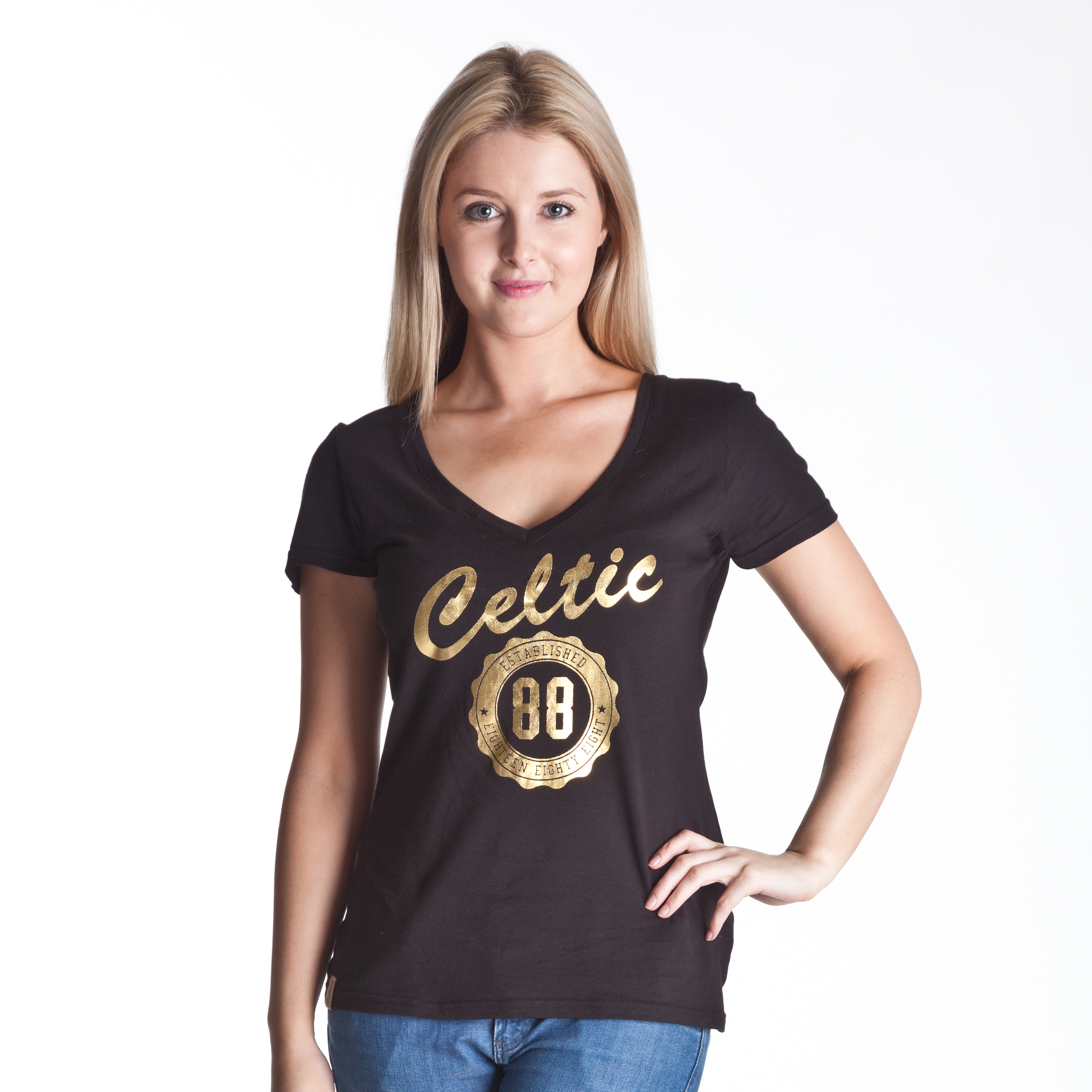 Celtic Deep V Neck Graphic T-Shirt - Black - Womens