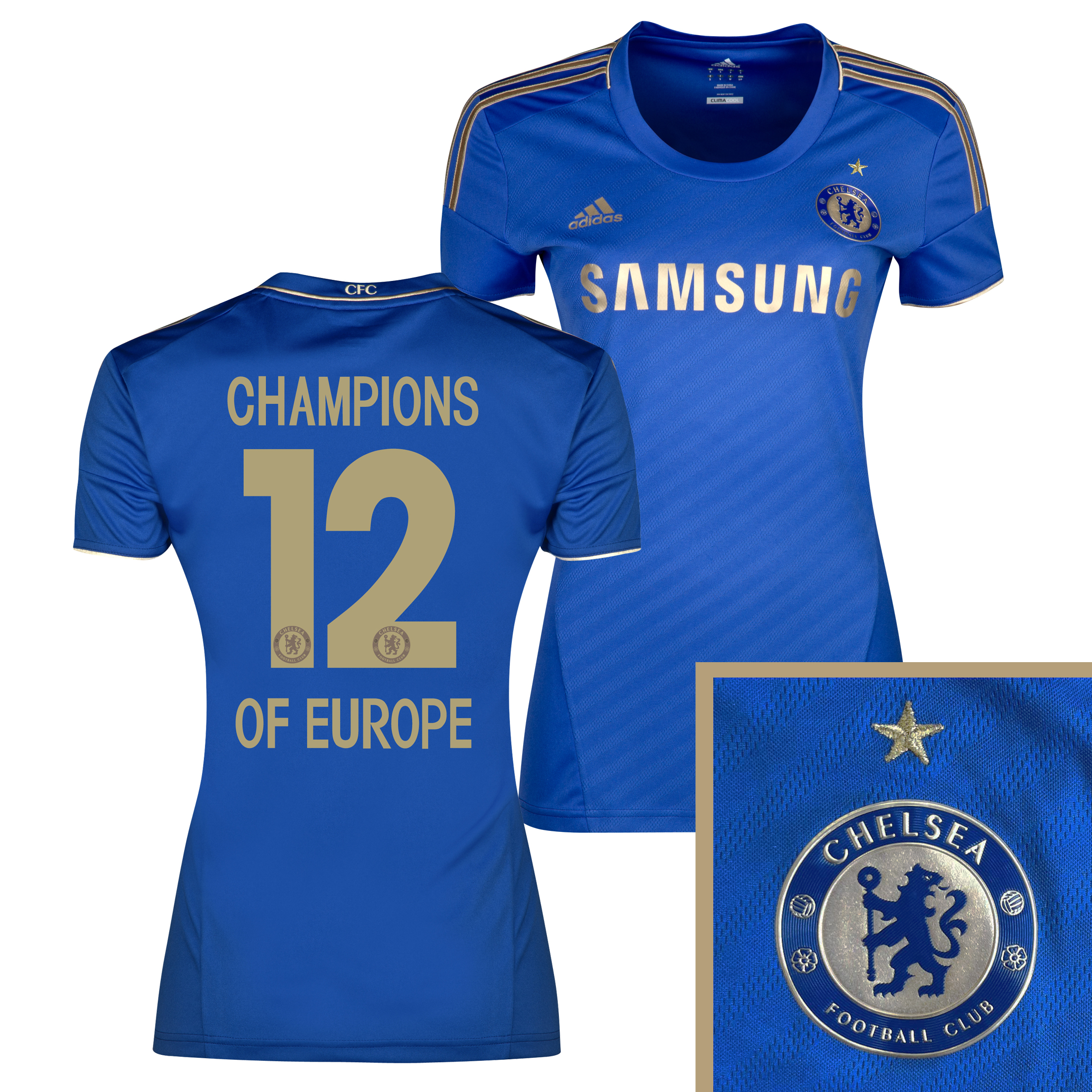 Chelsea Home Shirt 2012/13 - Womens with Champions 12 Printing including Gold Star