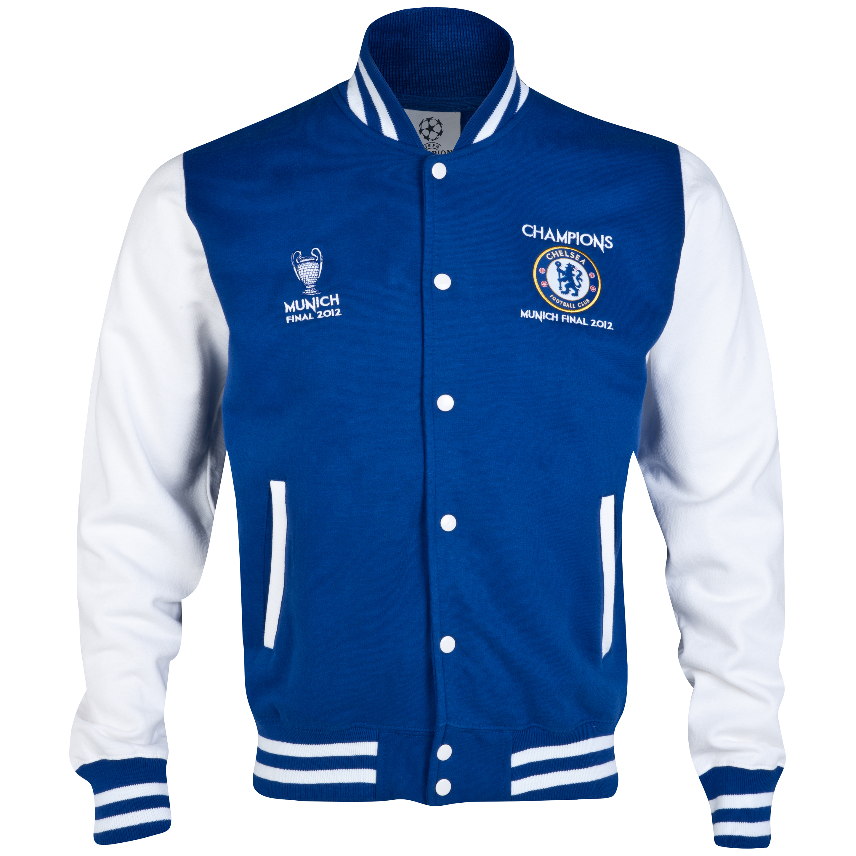 Chelsea UEFA Champions League Printed Varsity Baseball Jacket - Royal / White