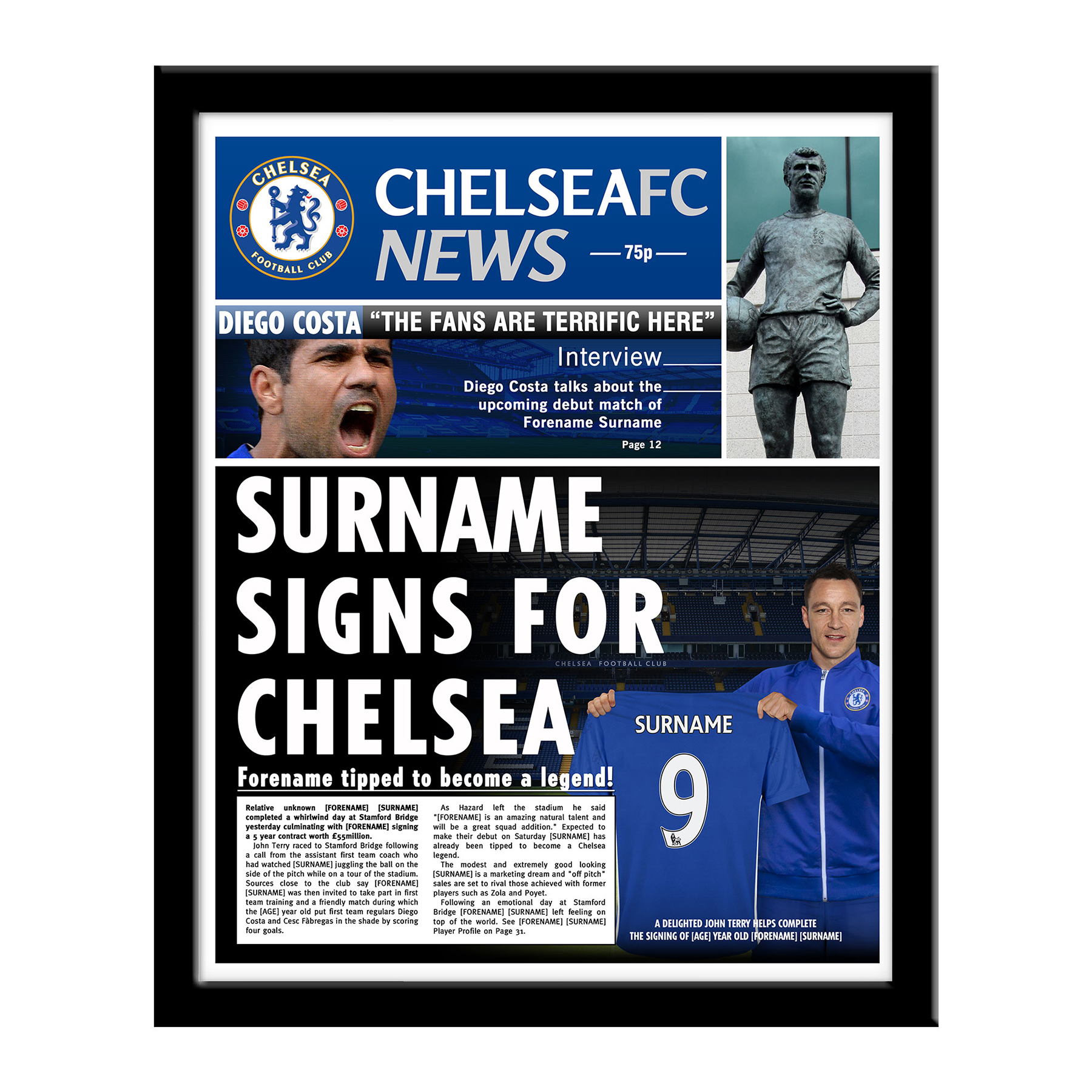 Chelsea Personalised Football Newspaper - Framed
