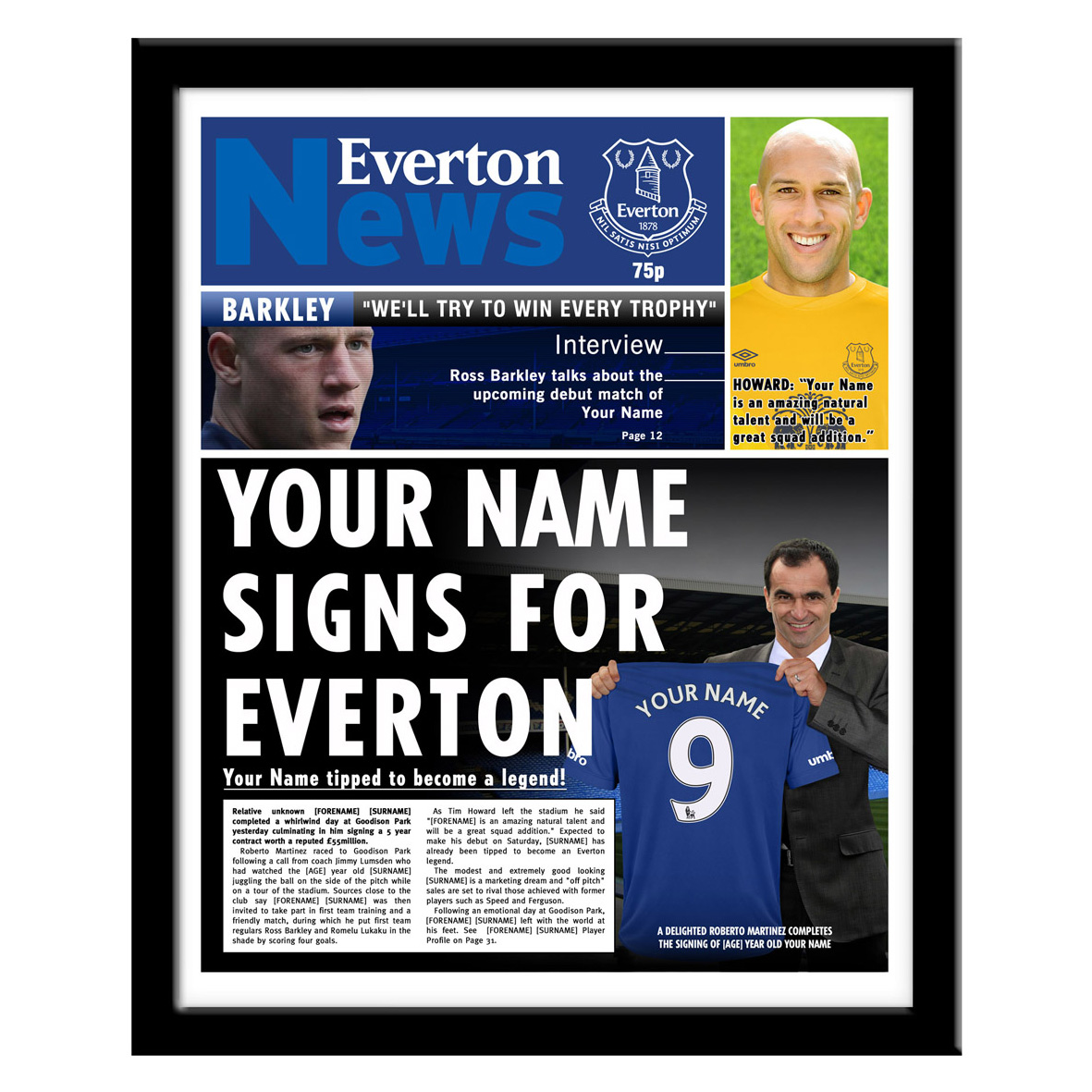 Everton Personalised Newspaper - Framed
