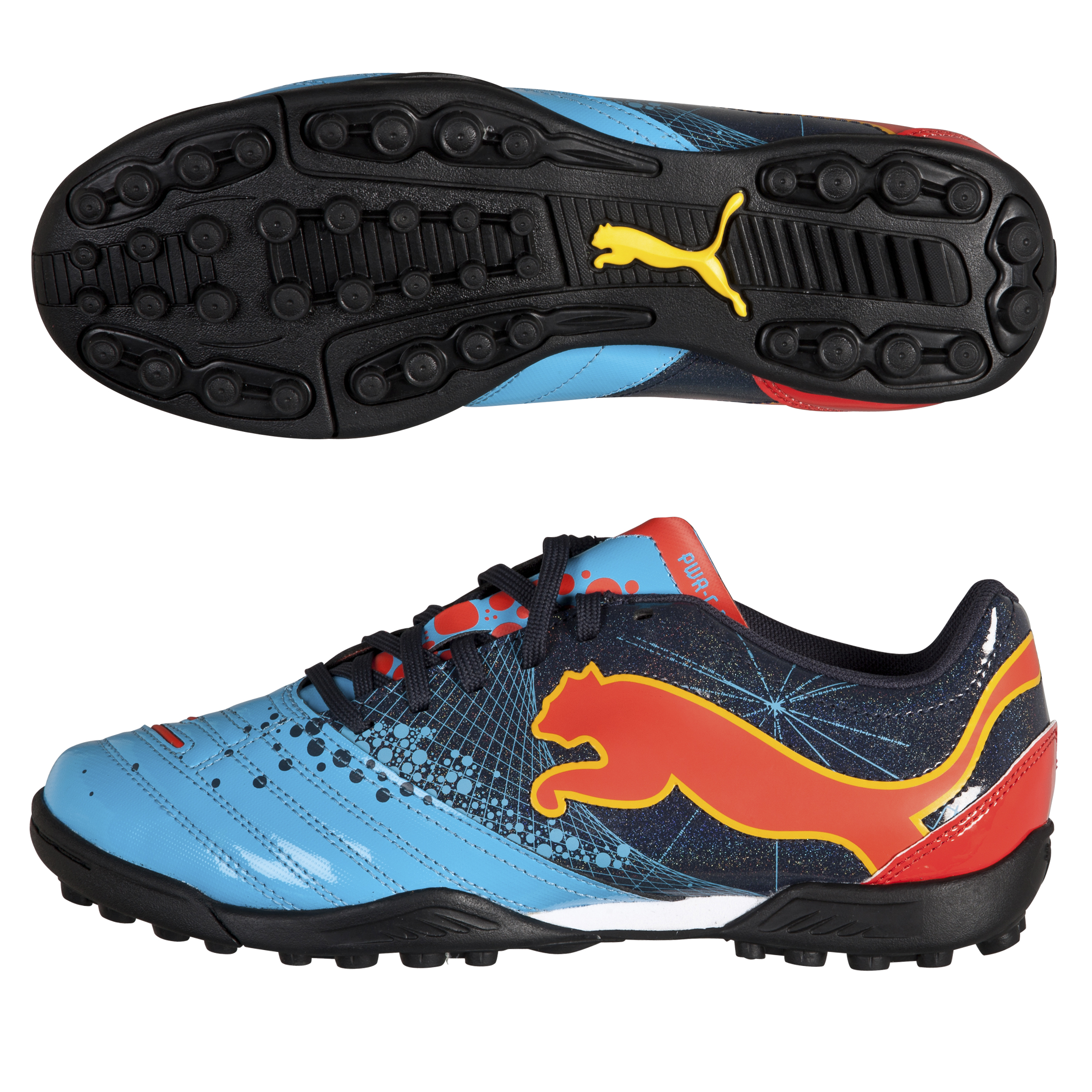 Puma PowerCat 3.12 Astro Turf Trainers - Kids - Fluo Blue/New Navy/Orange/Team Yellow