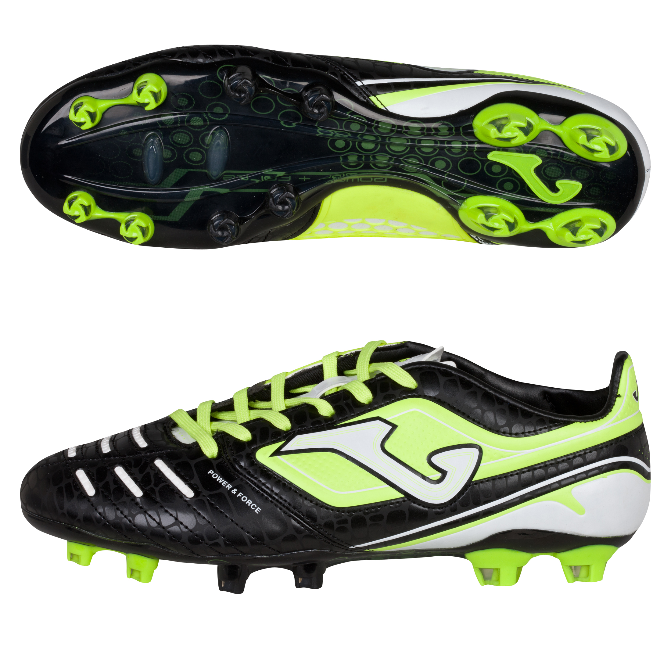 Joma Power Firm Ground Football Boots - Black/Lime/White