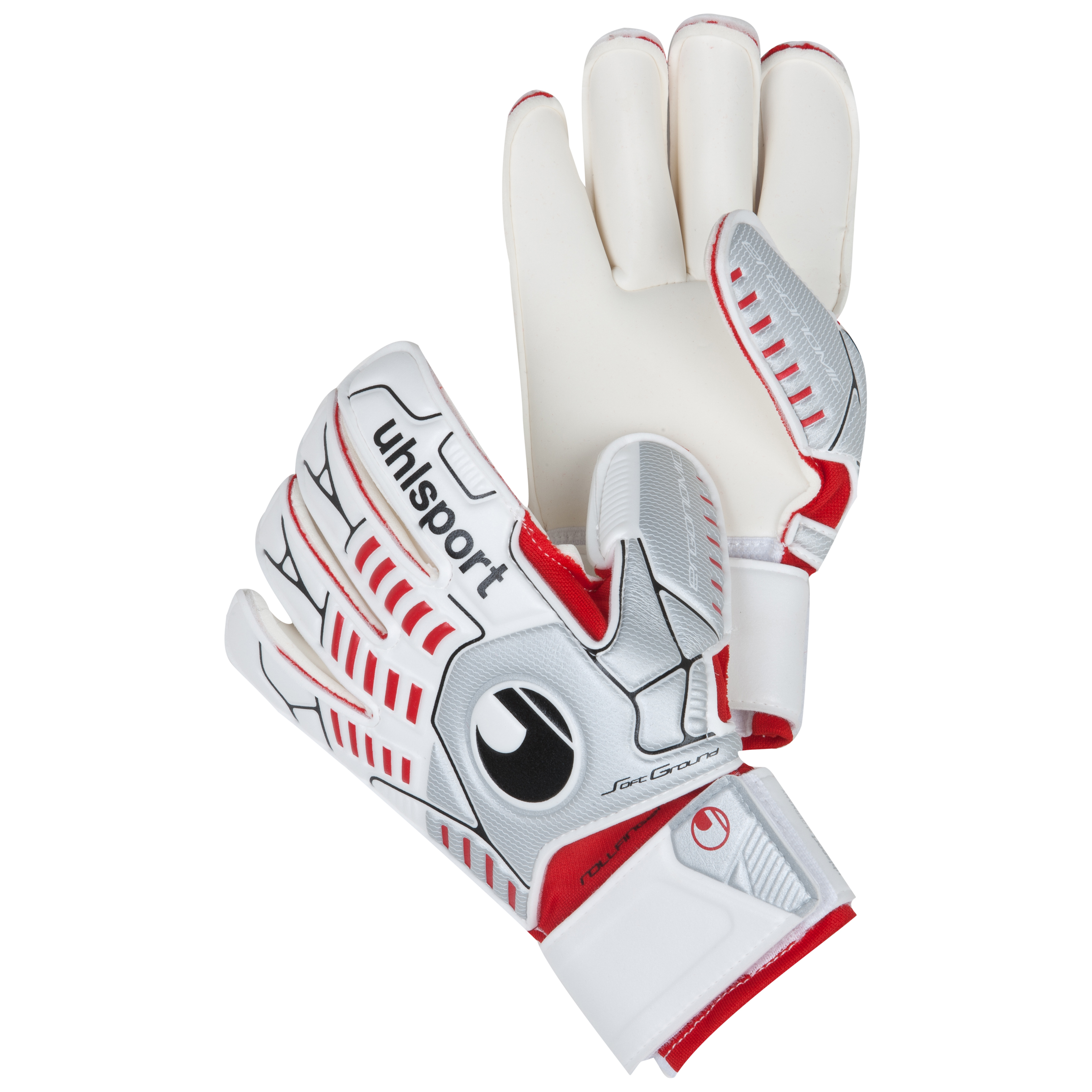Uhlsport Ergonomic Soft Rollfinger Goalkeeper Gloves - White/Silver/Red - Kids