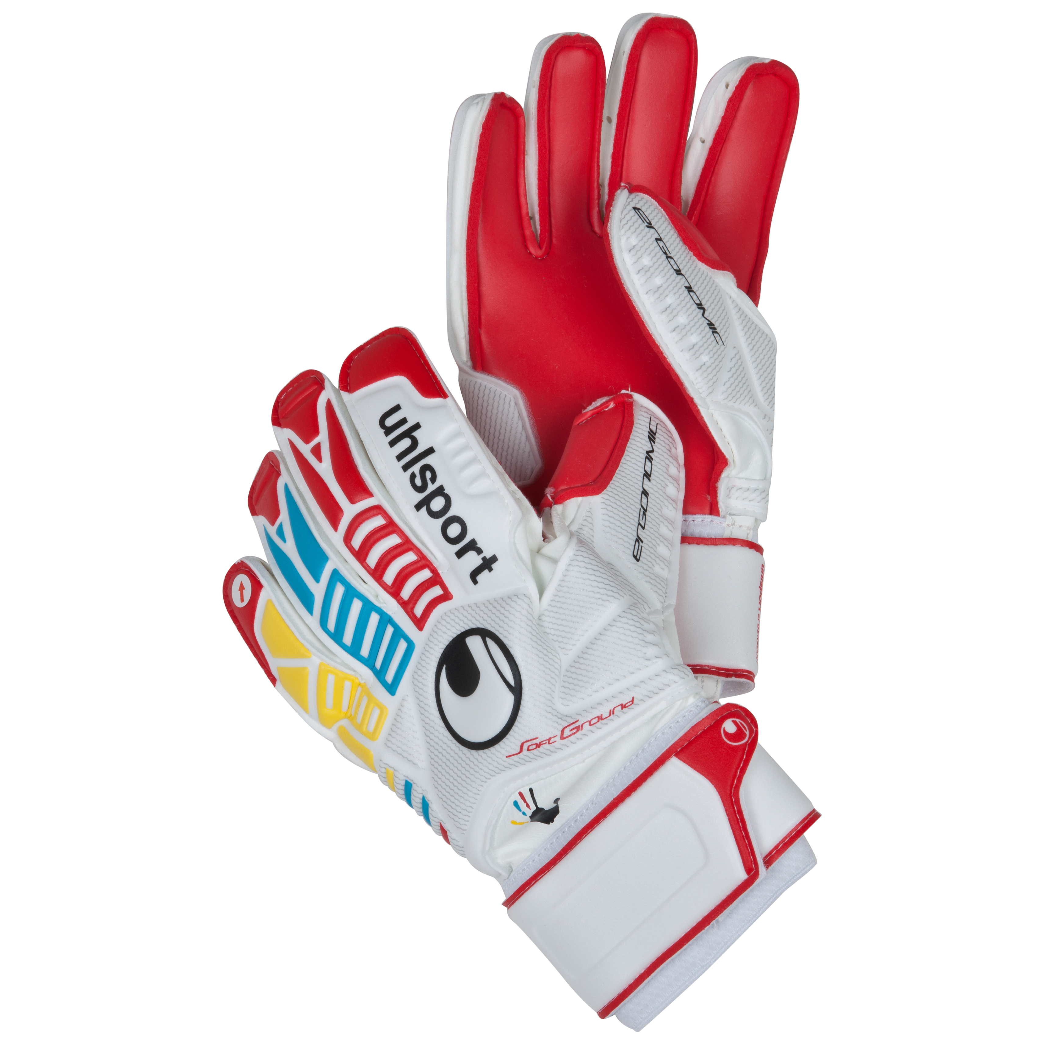 Uhlsport Ergonomic Soft 'Wir Tun Was' Goalkeeper Gloves - White/Red/Yellow/Cyan - Kids