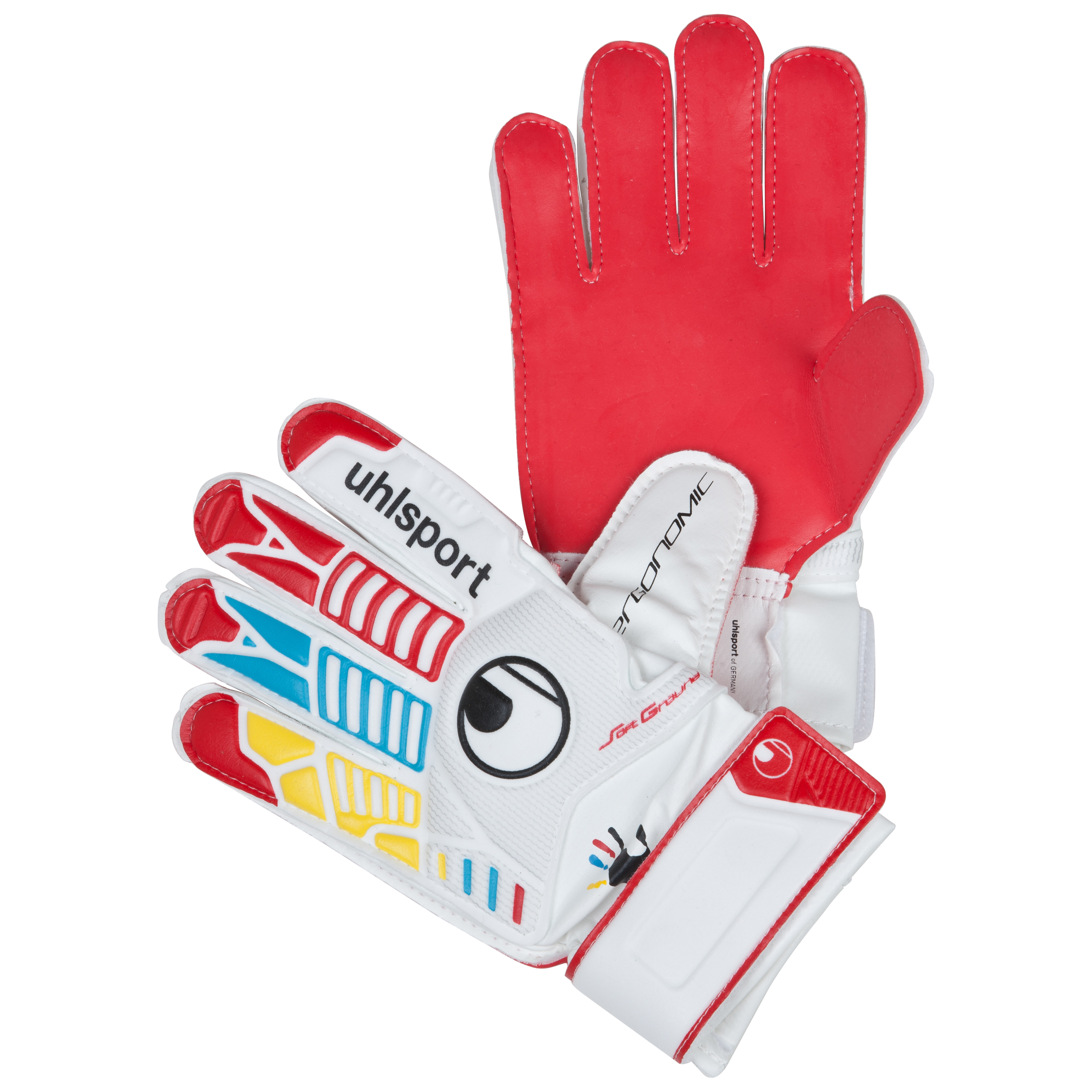 Uhlsport Ergonomic Starter Soft 'Wir Tun Was' Goalkeeper Gloves - White/Red/Yellow/Cyan - Kids