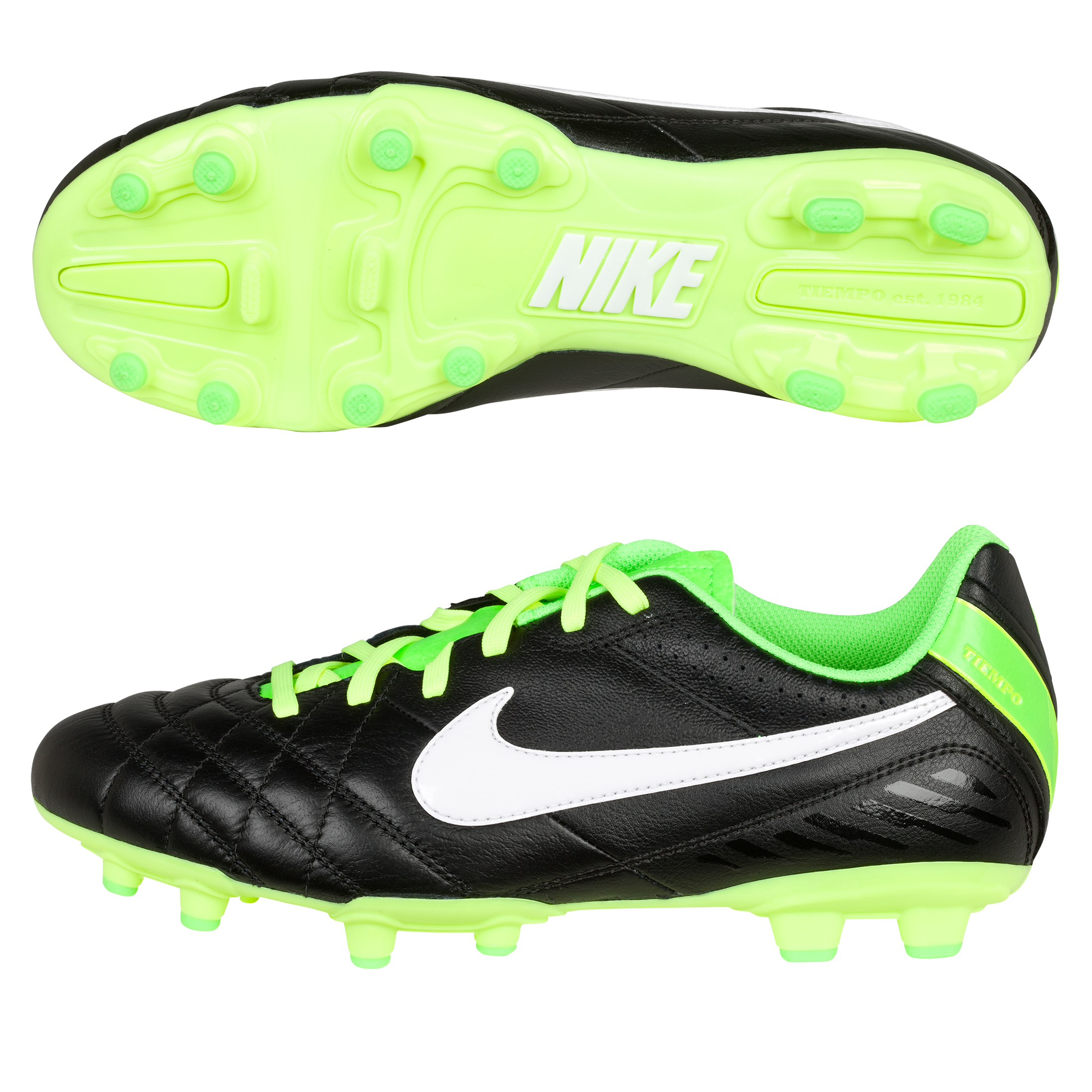 Nike Tiempo Natural IV Ltr Firm Ground Football Boots - Black/White/Electric Green - Kids