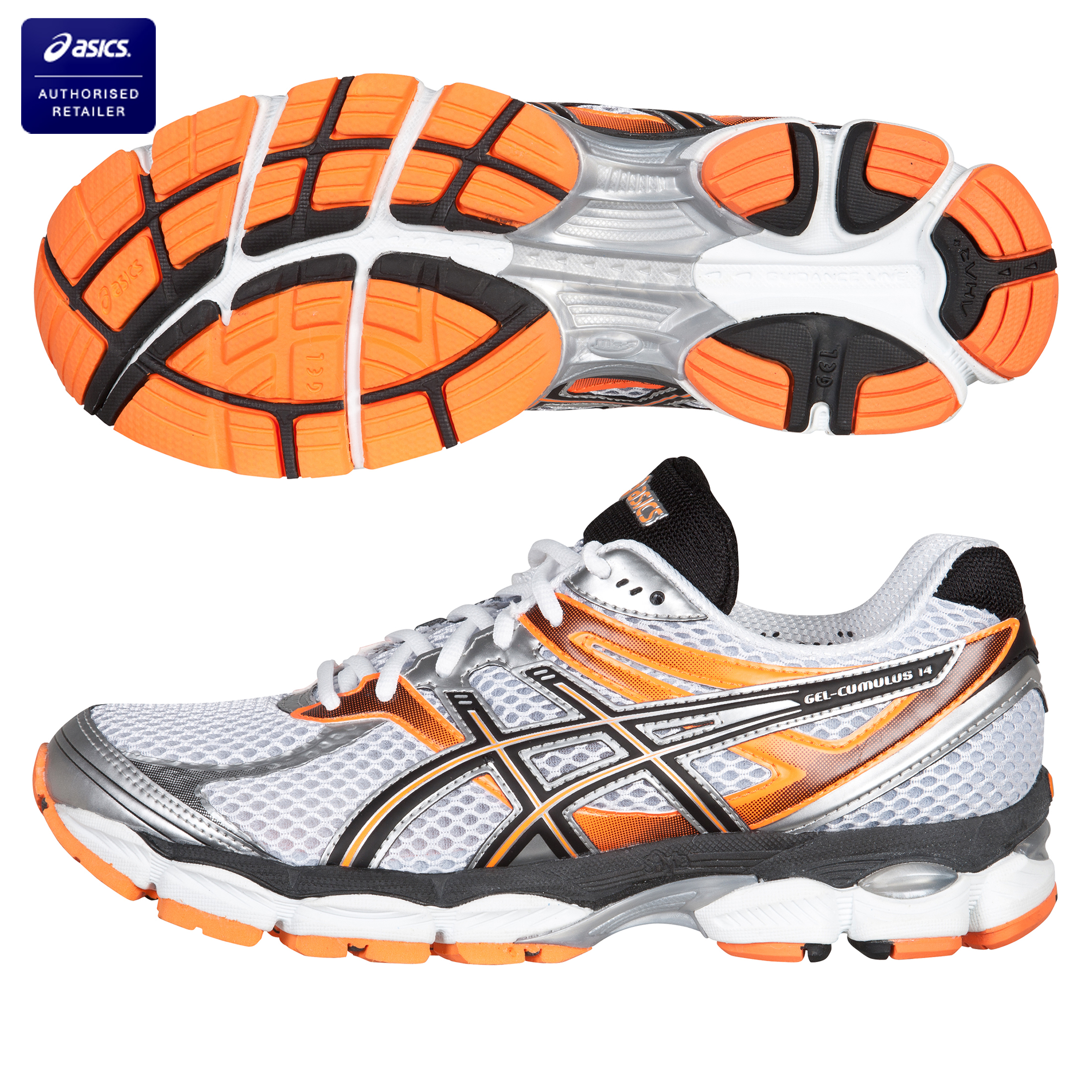Asics Gel Cumulus 14 Neutral Running Trainers - White/Black/Neon Orange