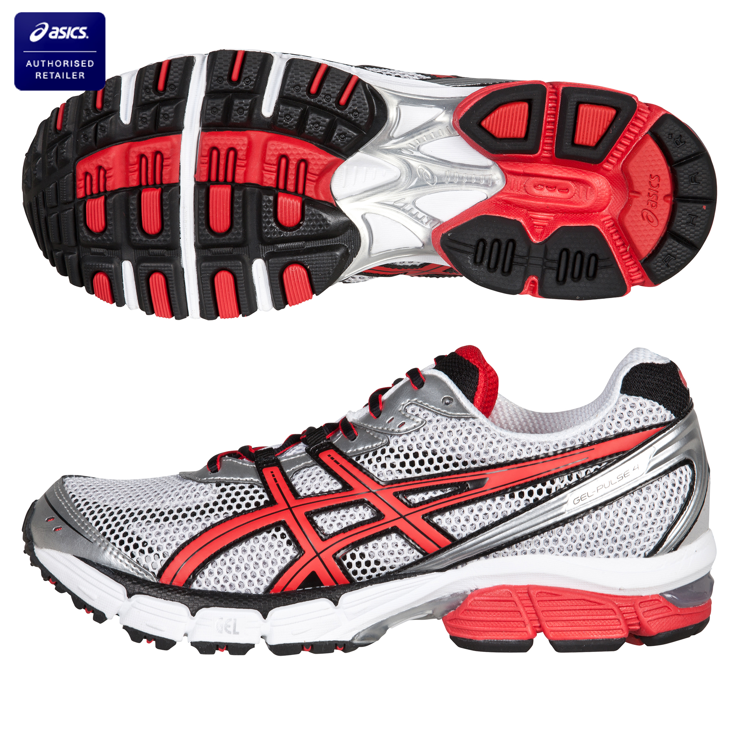 Asics Gel Pulse 4 Neutral Running Trainers - White/Red/Metal Silver