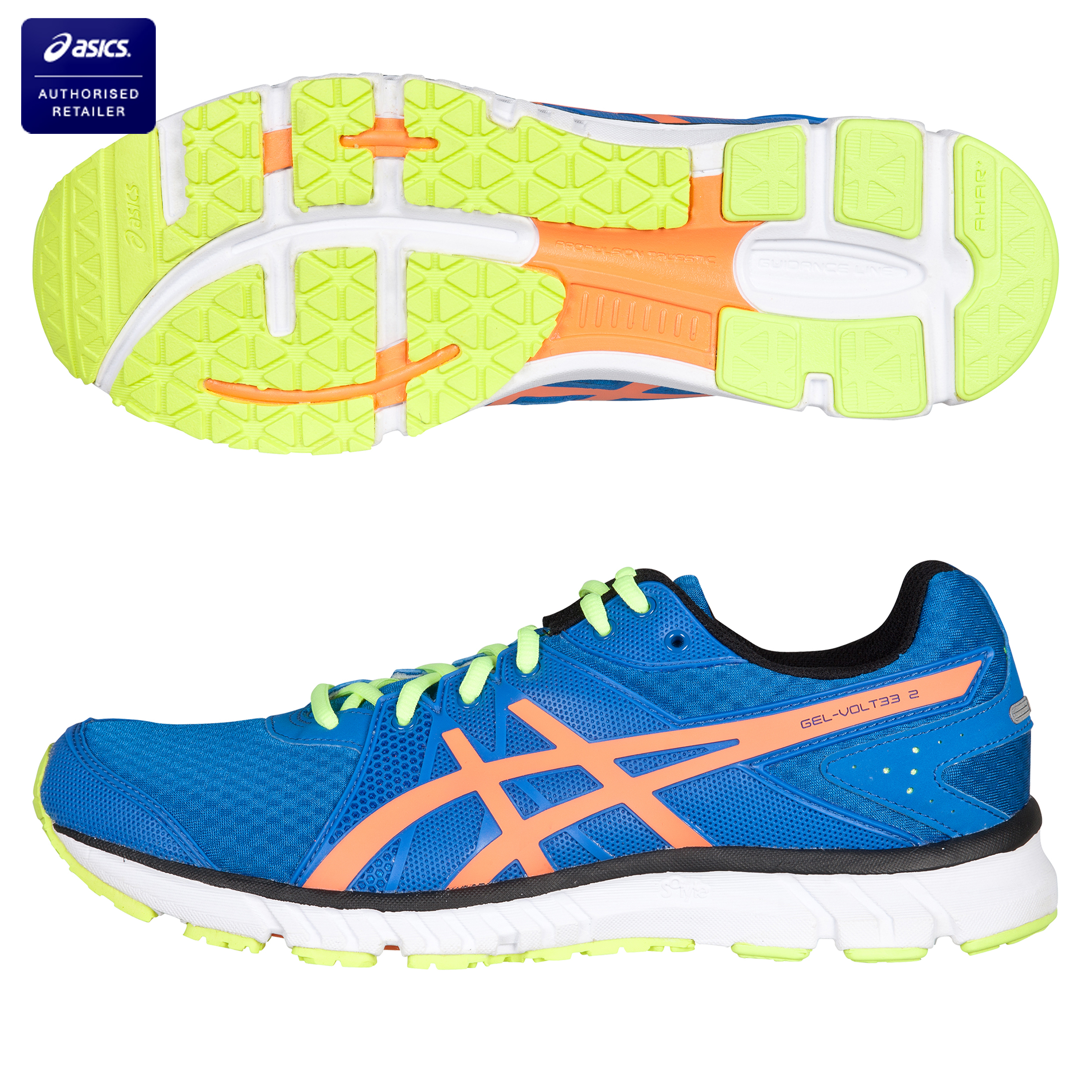 Asics Gel-Volt 33 2 Natural Running Trainers - Brilliant Blue/Neon Orange/Neon Yellow