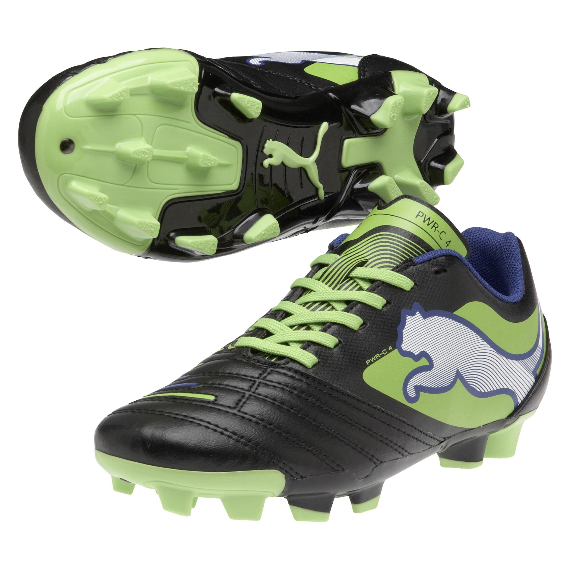 Puma Powercat 4 Firm Ground Football Boots - Black/Jasmin Green/Monaco Blue - Kids
