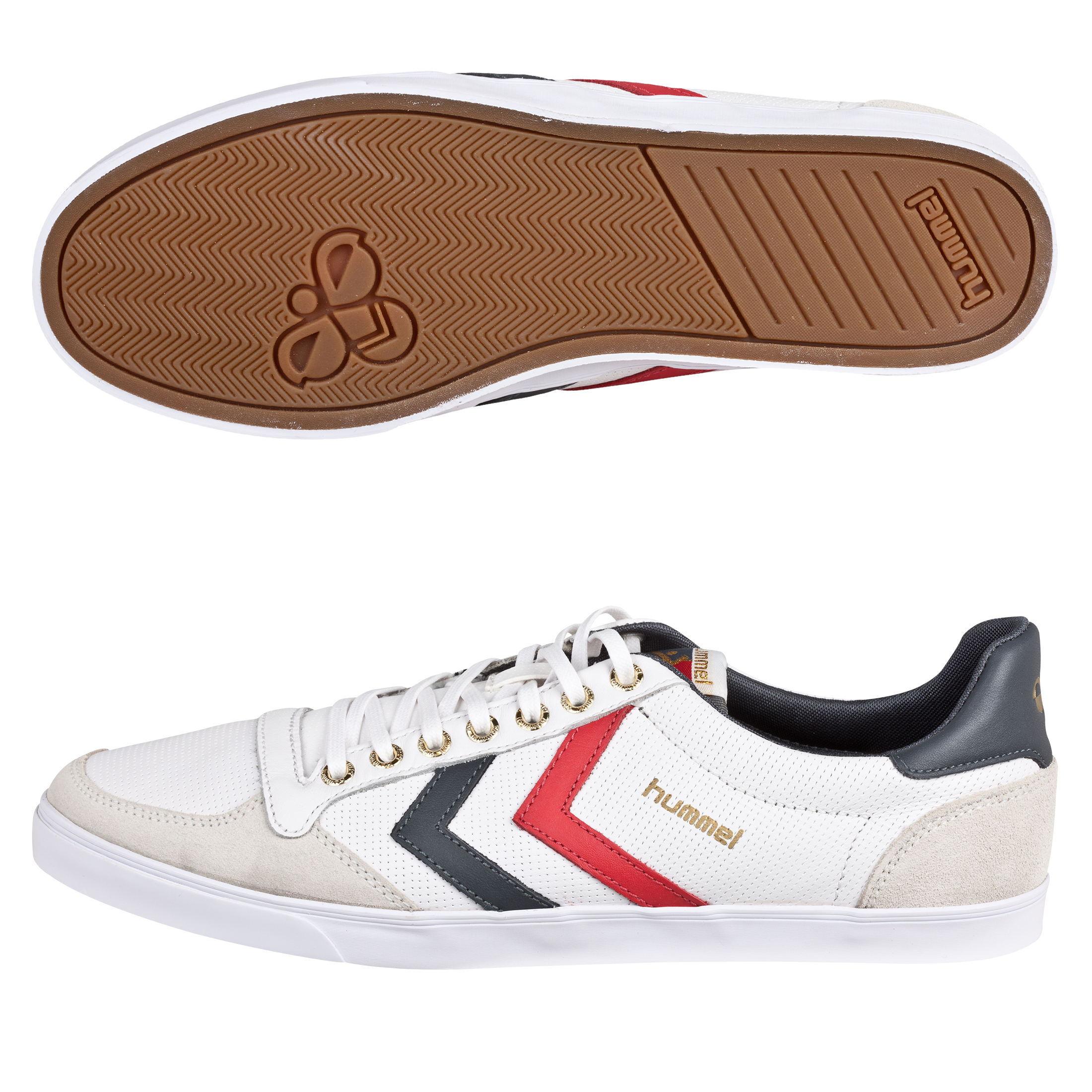 Hummel Slimmer Stadil Low Leather Trainers - White/Castlerock/Ribbon Red