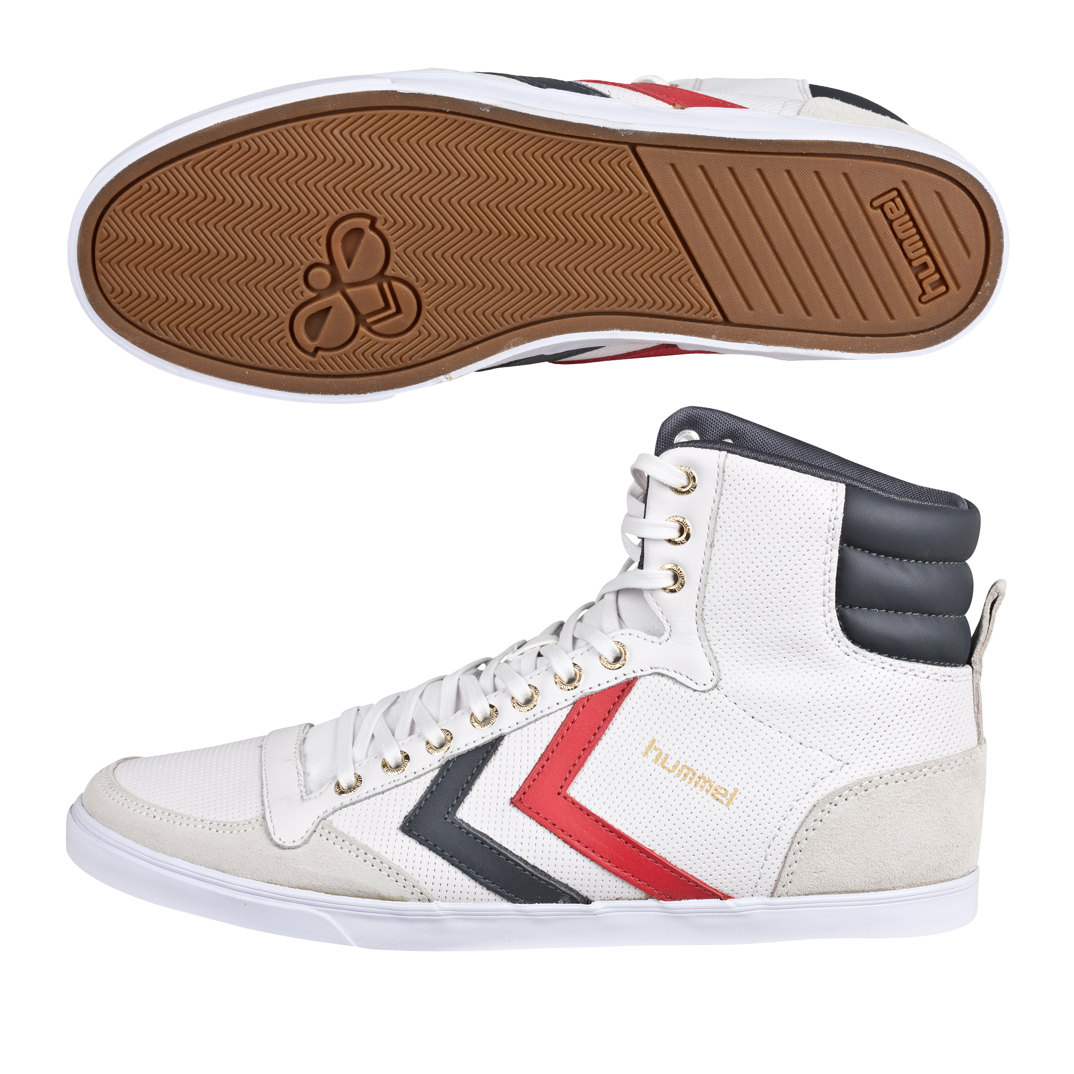Hummel Slimmer Stadil High Leather Trainers - White/Castlerock/Ribbon Red