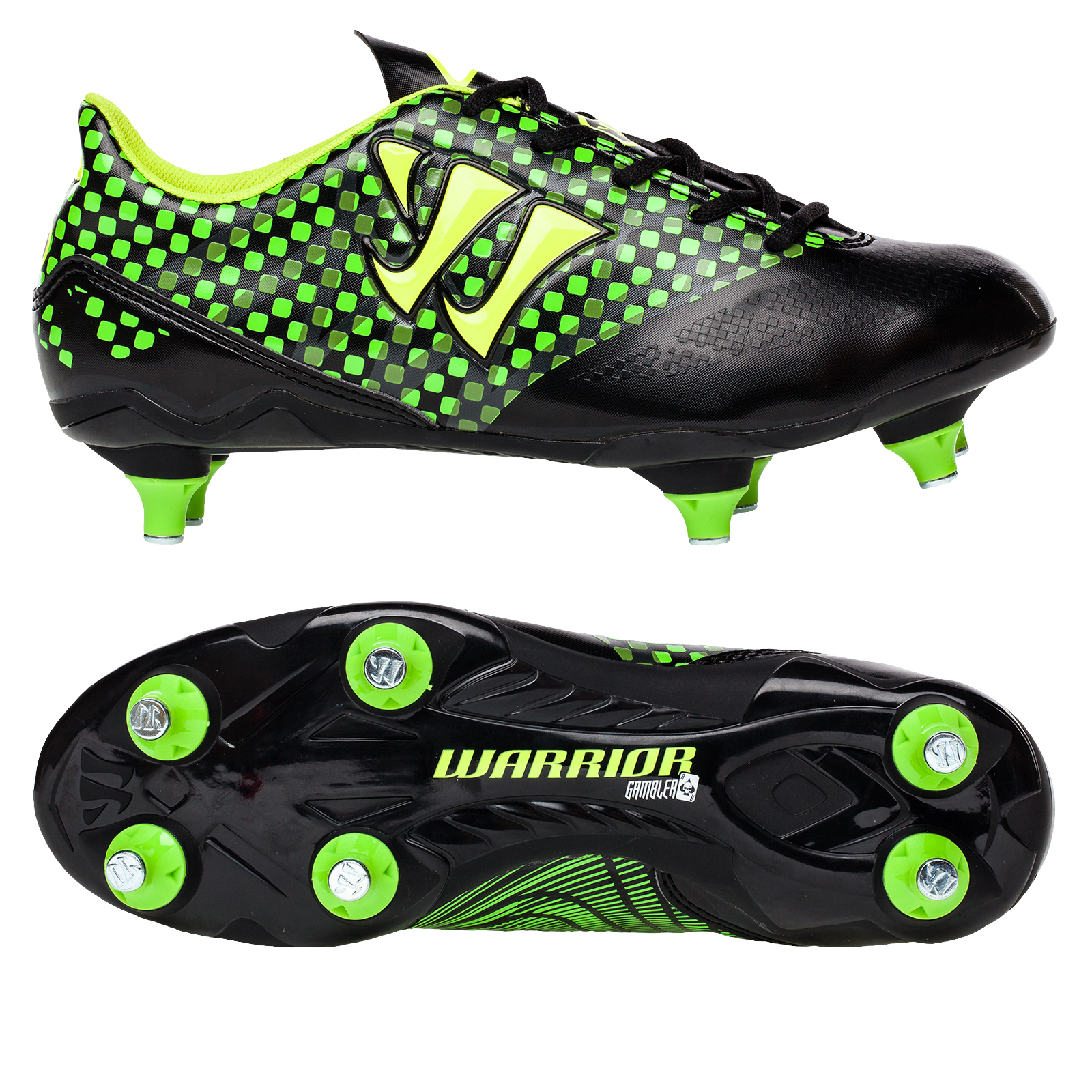 Warrior Sports Gambler Combat Soft Ground Football Boots -Blk/Grn-Junior Black