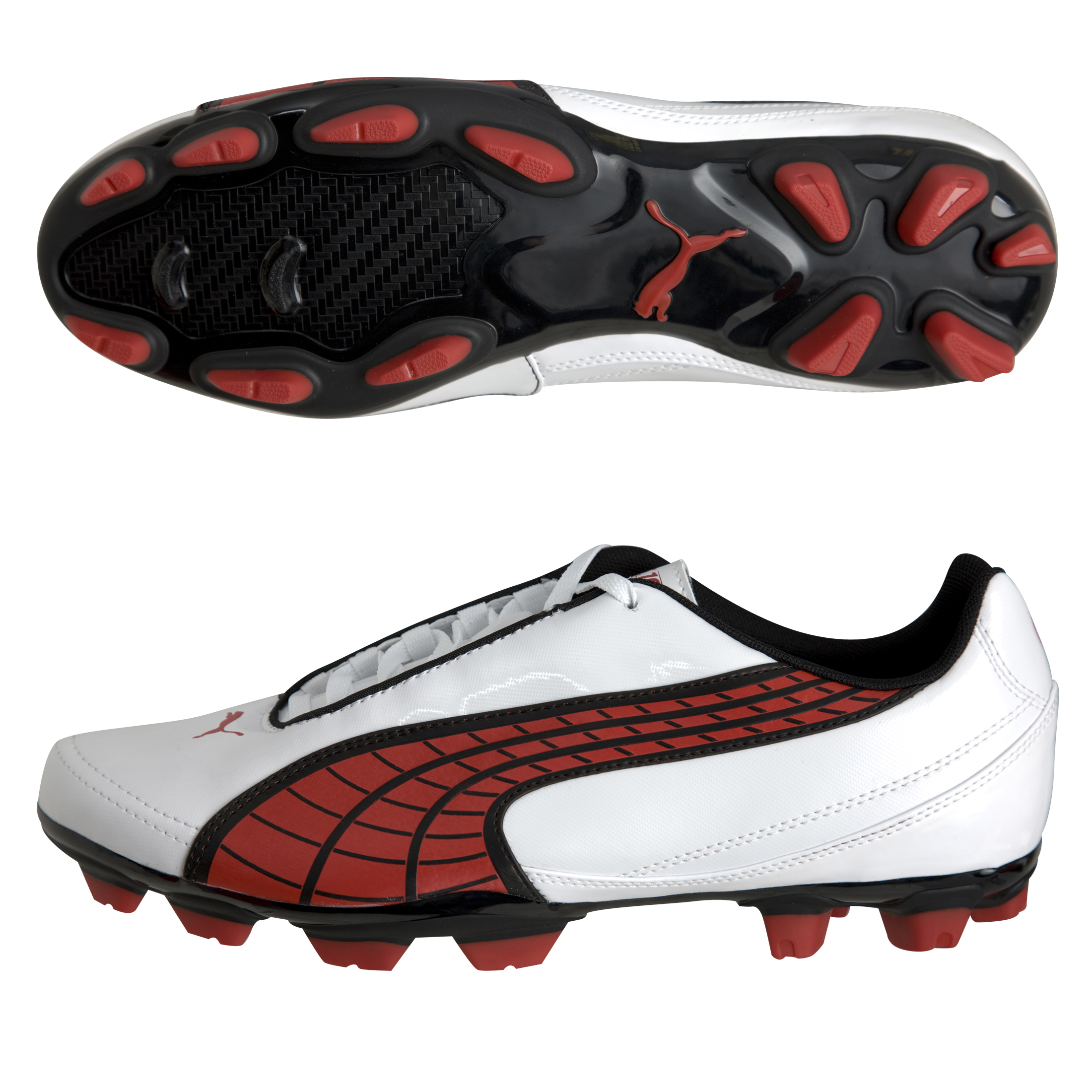 Puma V5.10 II I Firm Ground Football Boots - White/Pompeian Red/Black.
