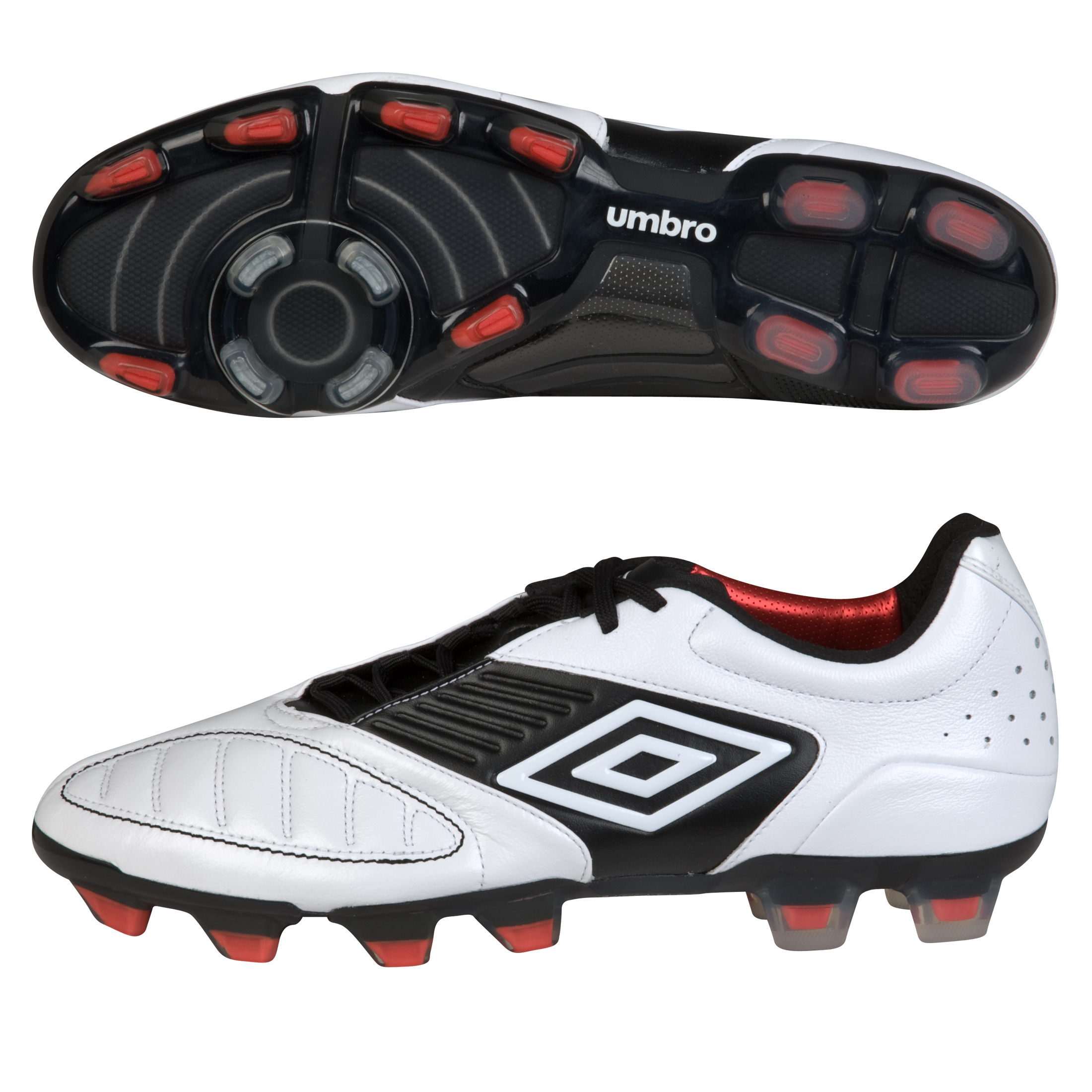 Umbro Geometra Pro Firm Ground Football Boots - White/Black/High Risk Red.