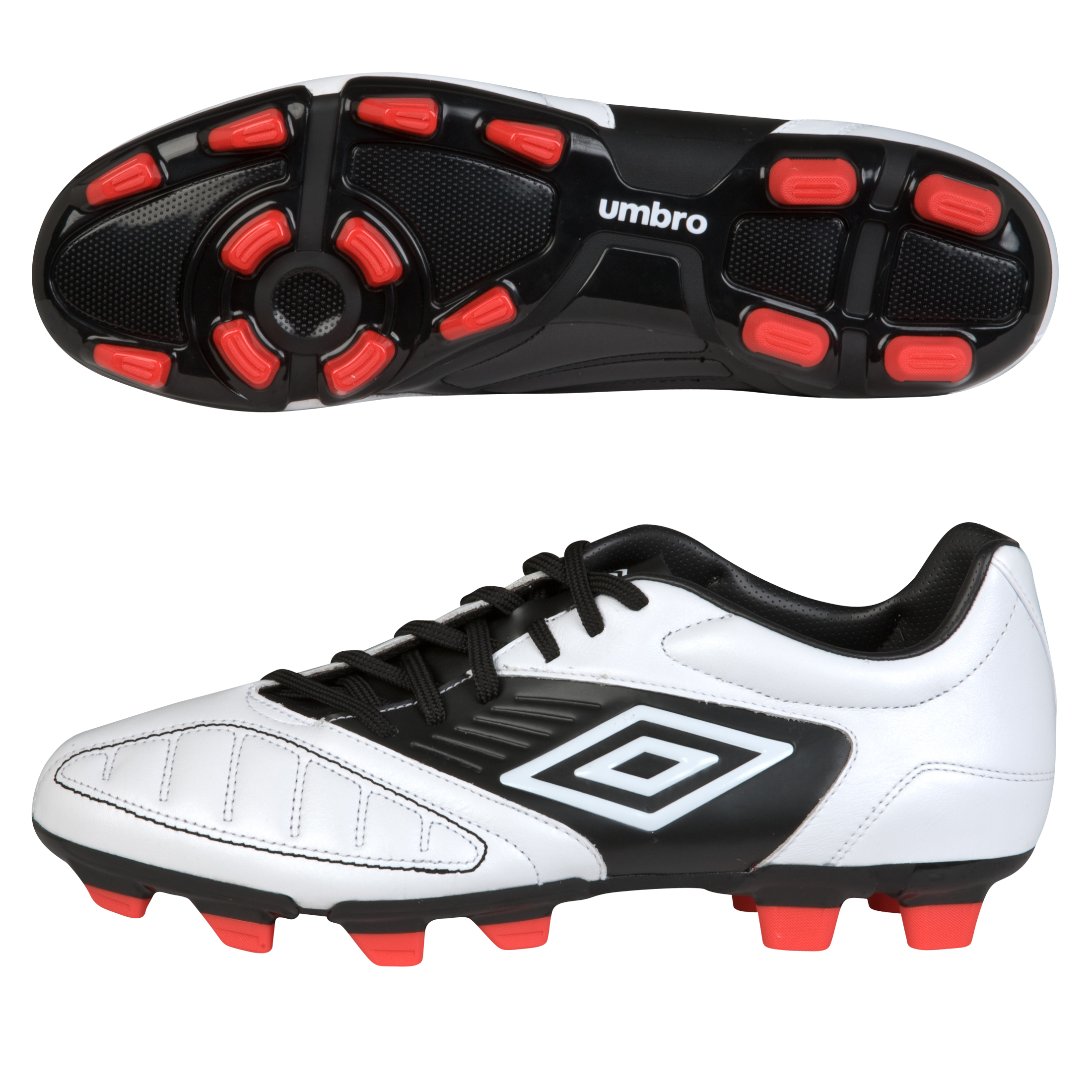 Umbro Geometra Premier Firm Ground Football Boots - White/Black/High Risk Red.