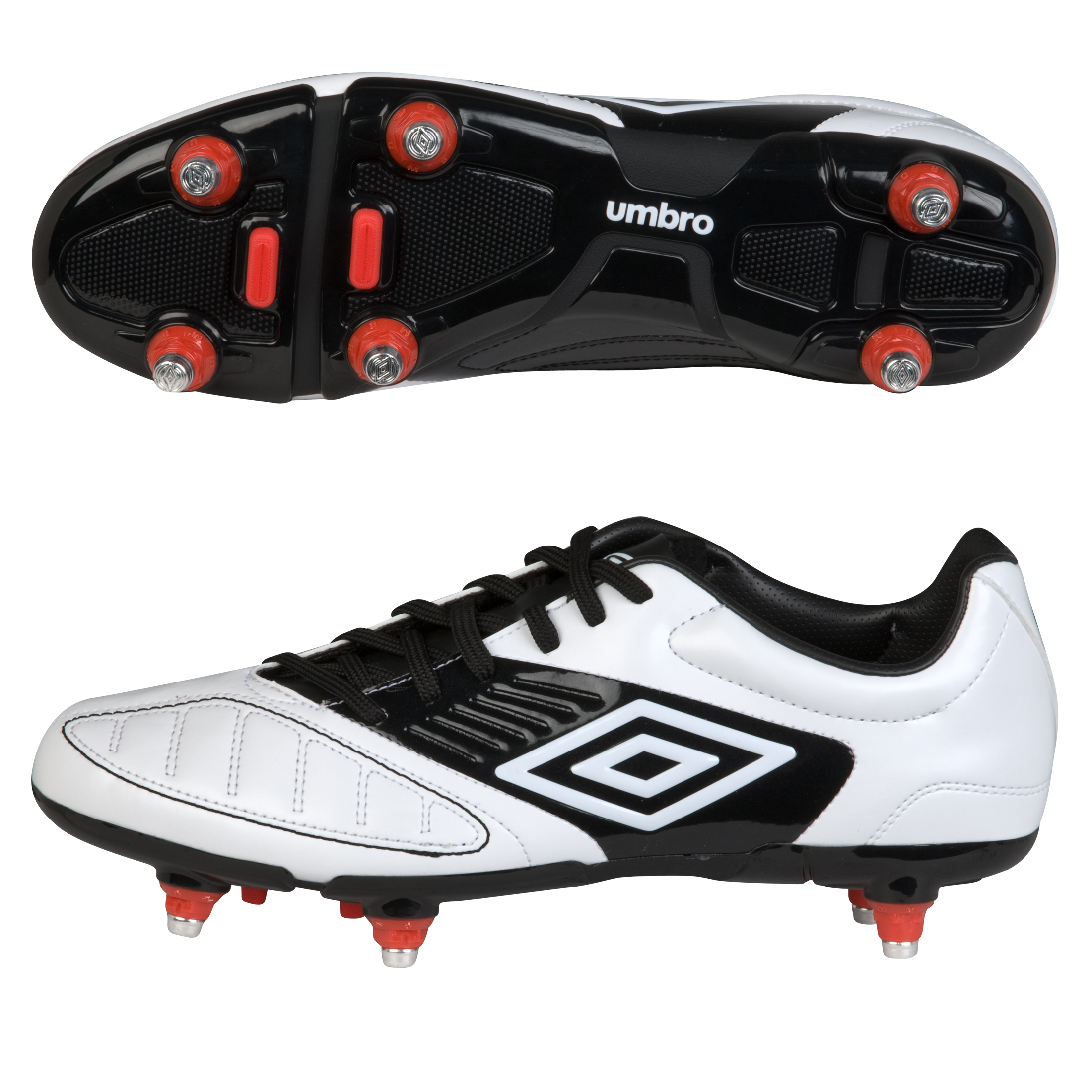 Umbro Geometra Cup Soft Ground Football Boots - White/Black/High Risk Red.