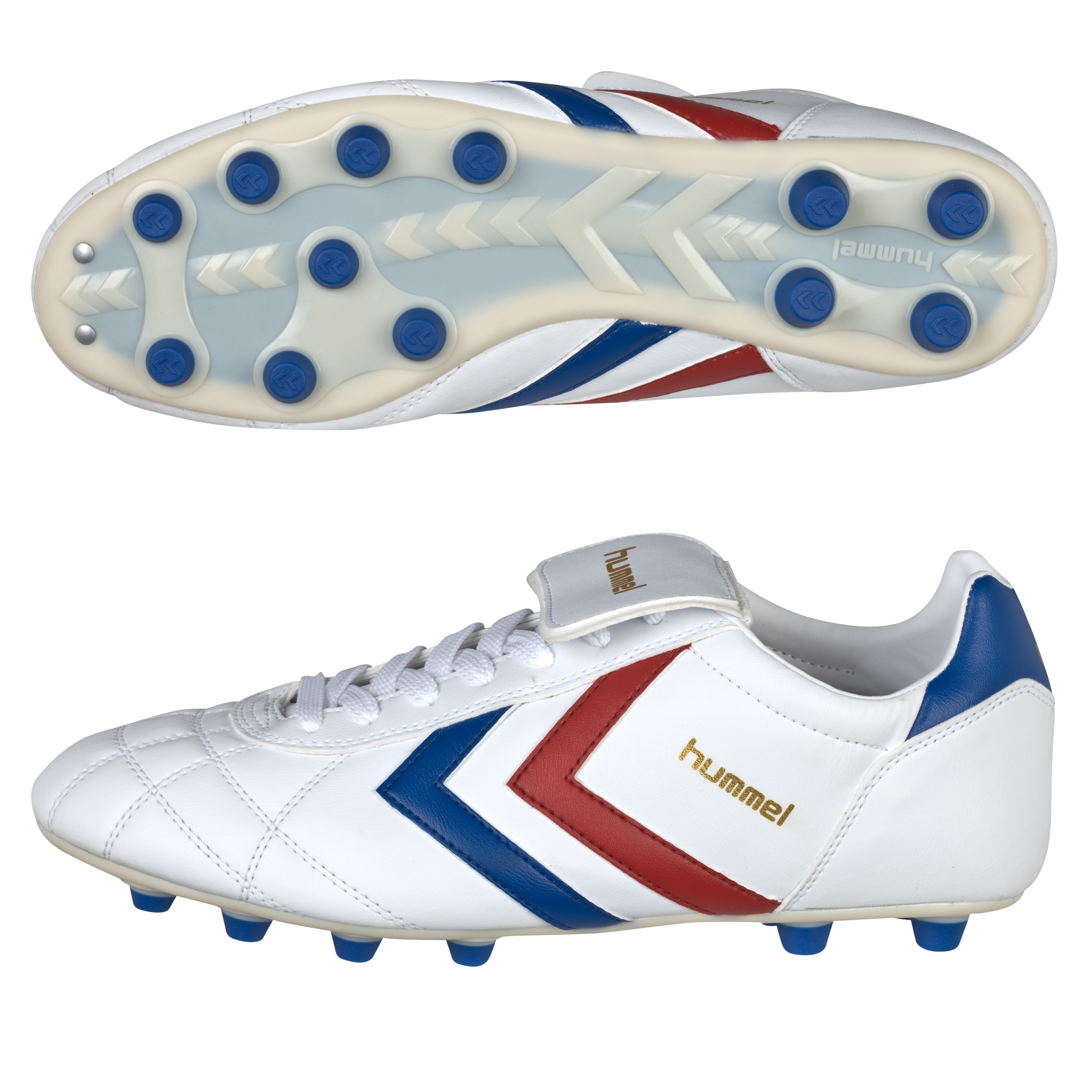 Hummel Leather Firm Ground Football Boots - White/Blue/Red.
