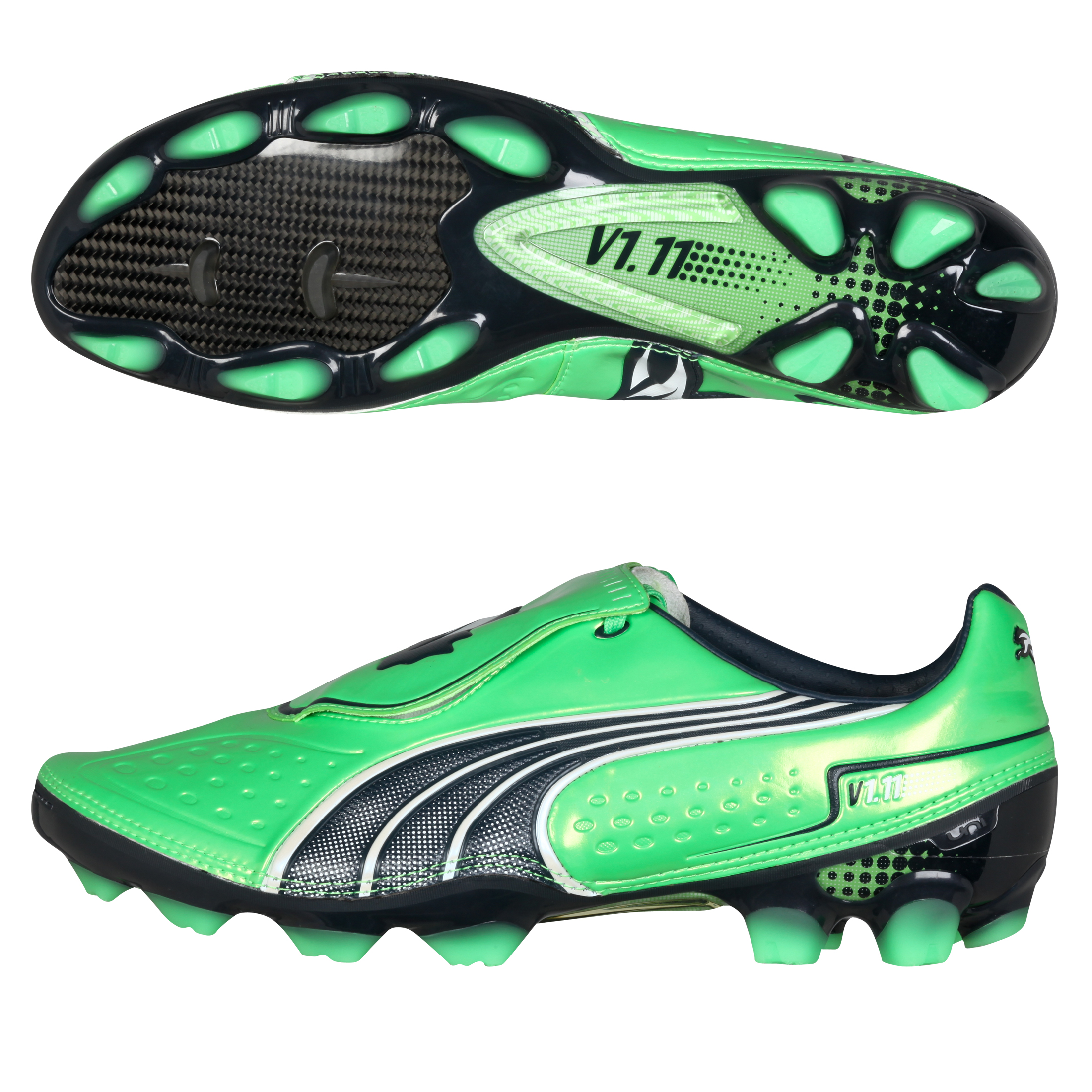 Puma v1.11 i Firm Ground Football Boots - Fluro Green/Midnight Navy/White.