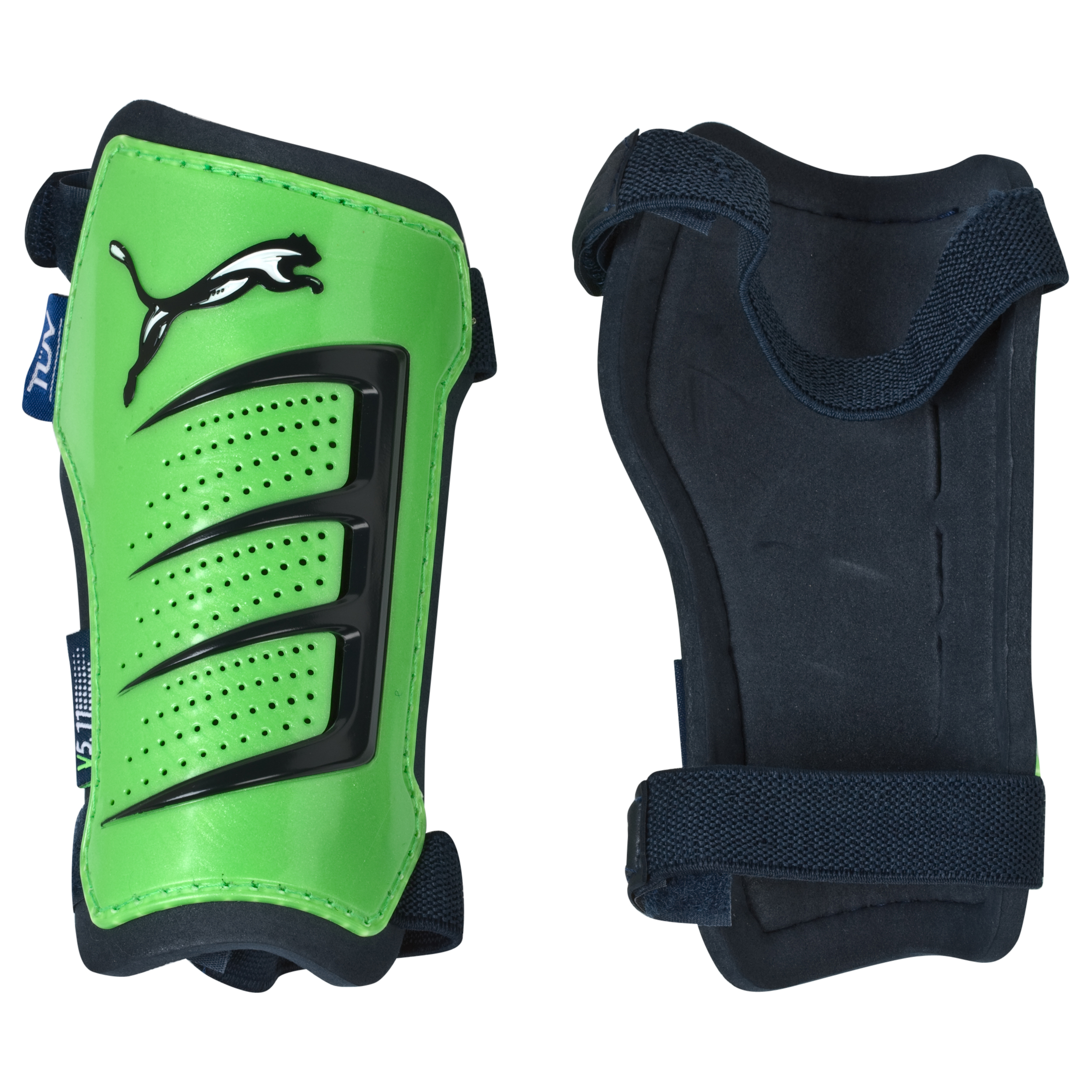Puma v5.11 Shinguards - Fluro Green-Midnight Navy-White
