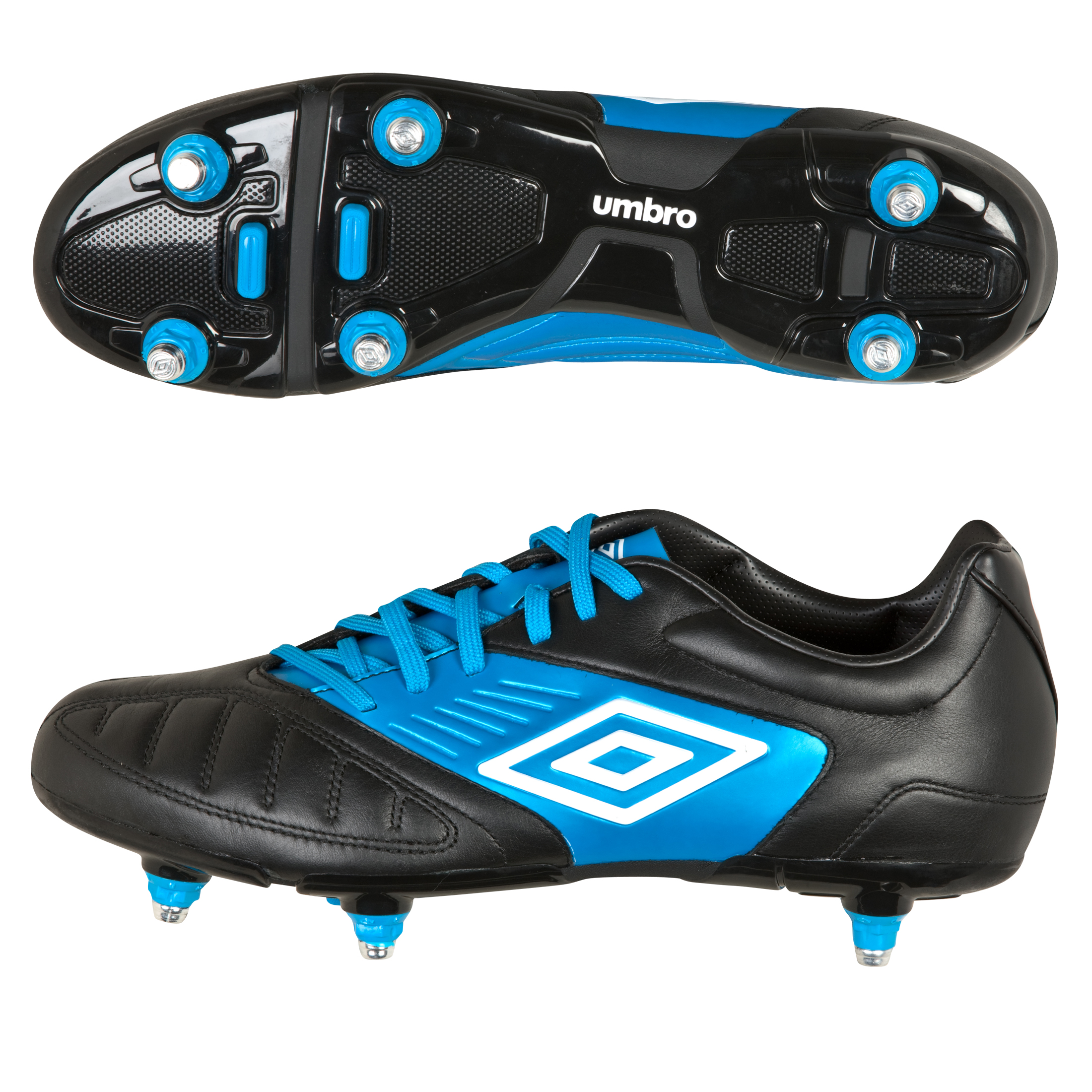 Umbro Geometra Premier Soft Ground Football Boots - Black/White/Vivid Blue.