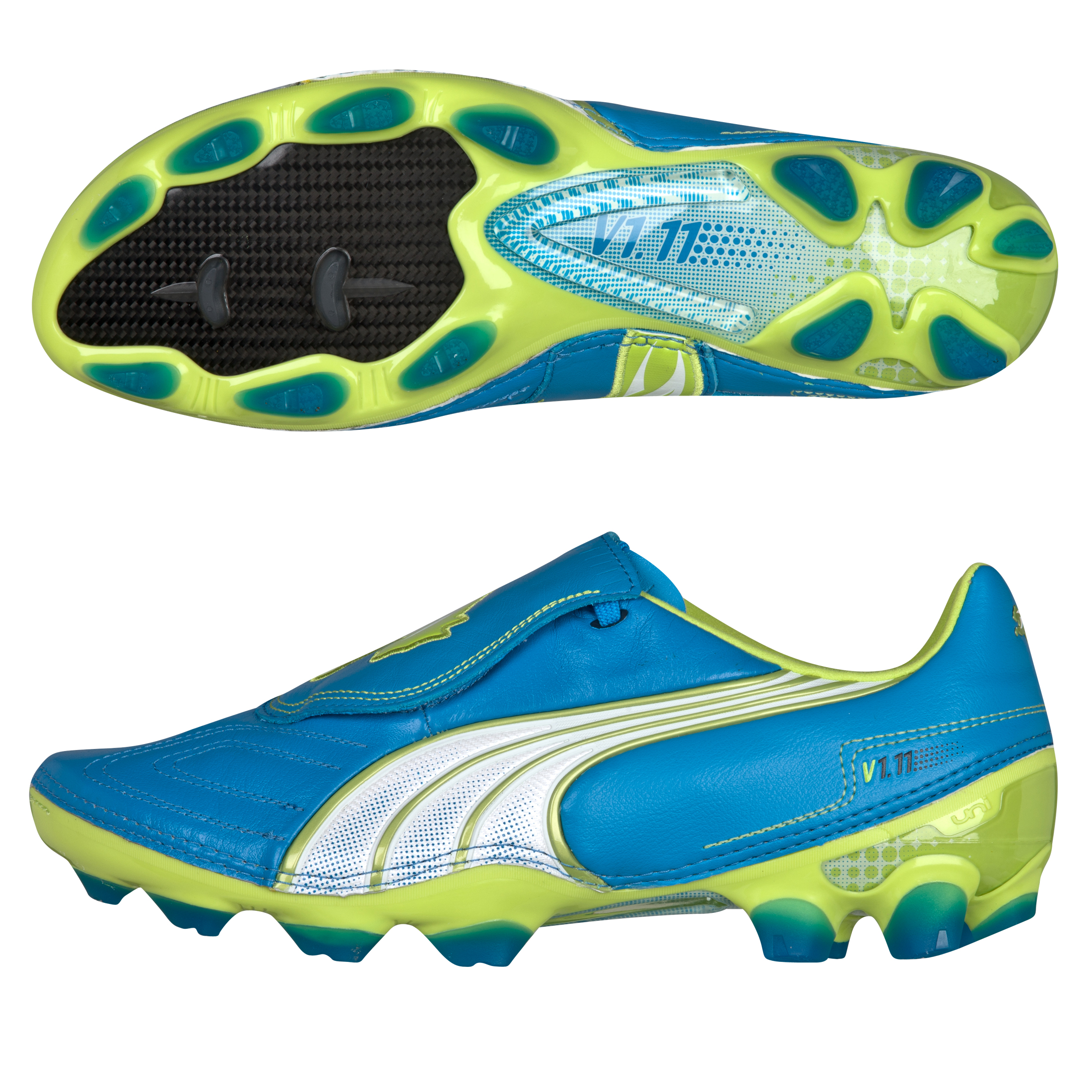 Puma v1.11 K Firm Ground Football Boot - Dresden Blue/White/Lime Punch
