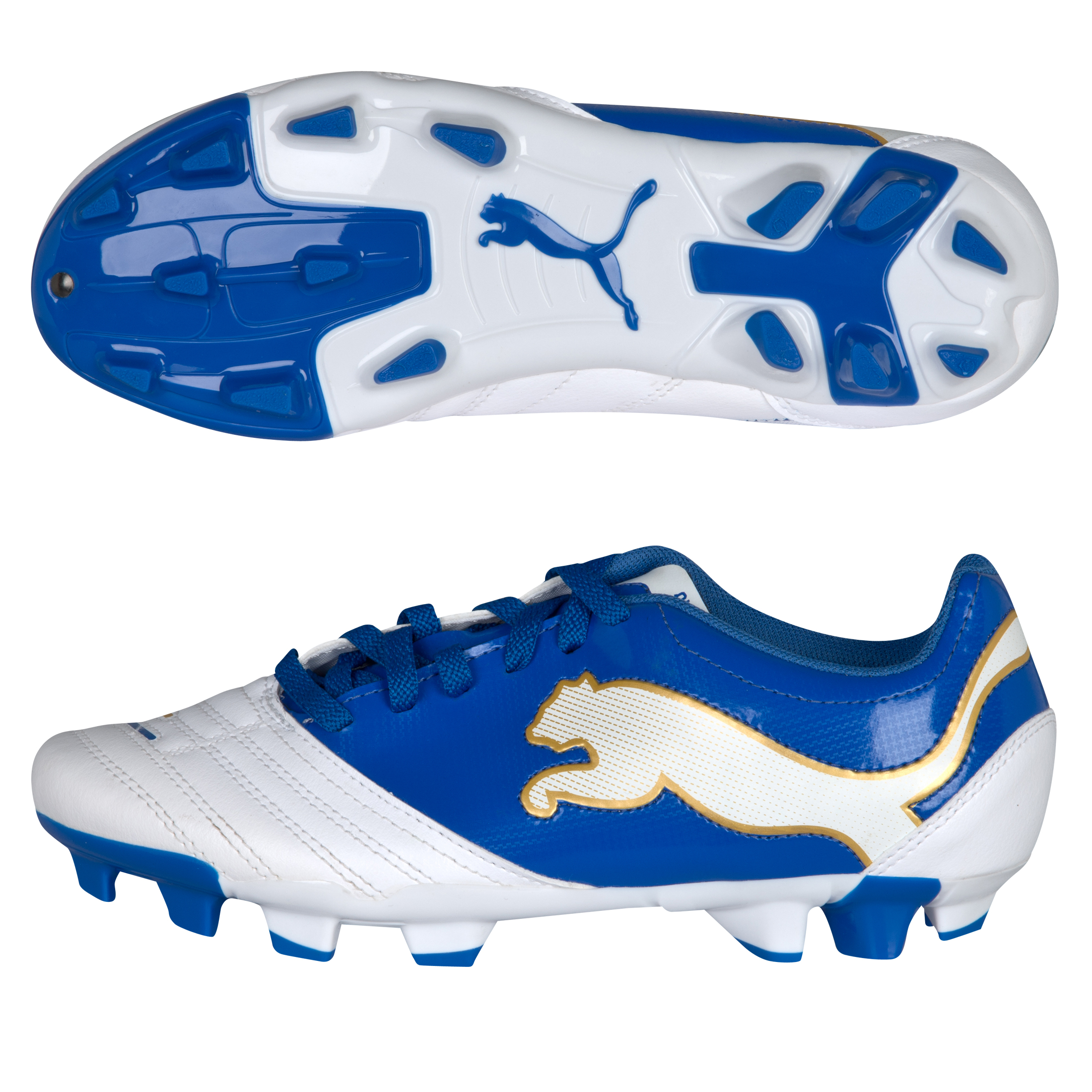 Puma PowerCat 4 12 Firm Ground Football Boots White Puma Royal Team Gold Kids