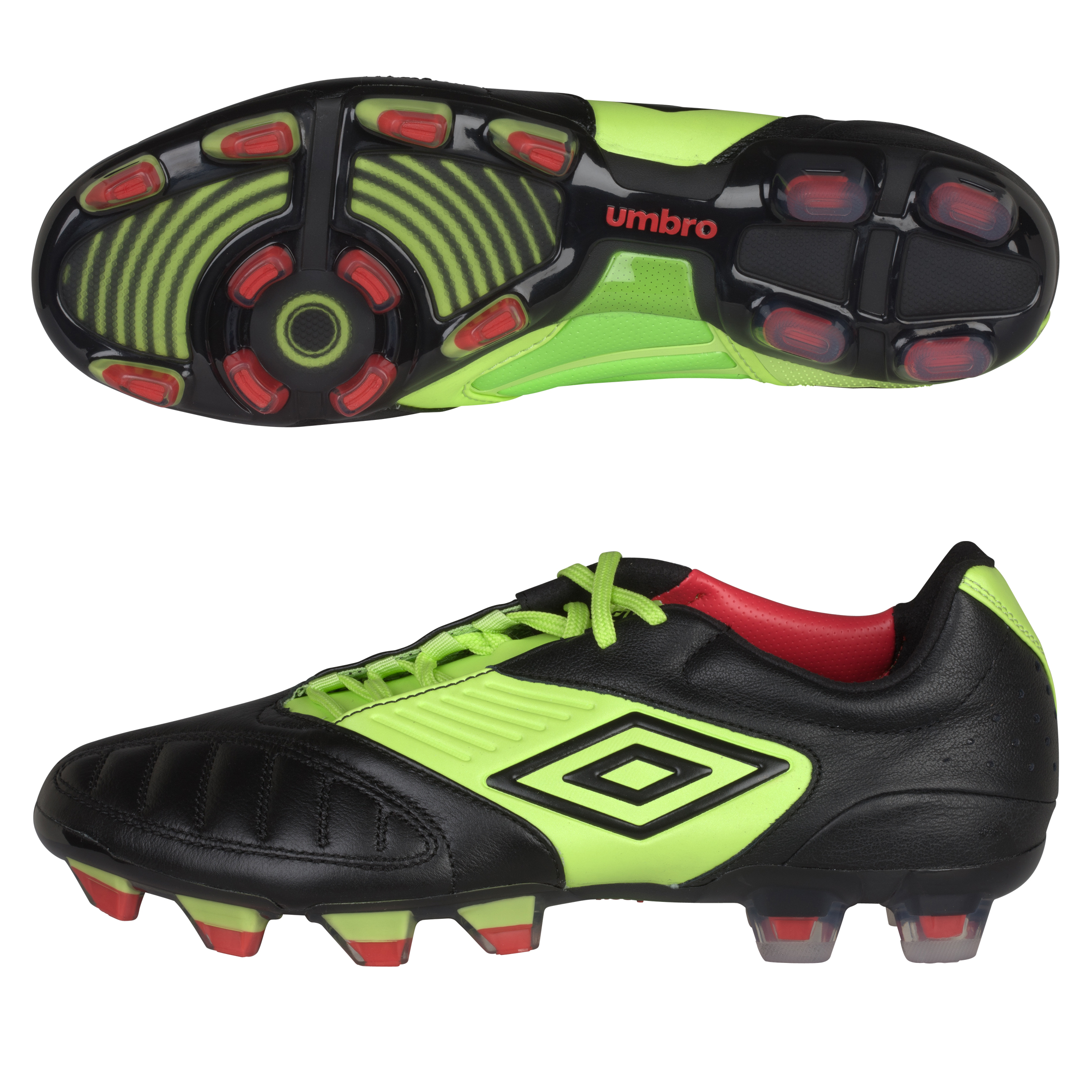 Umbro Geometra Pro Firm Ground Football Boots - Black/White/Sharp Green/True Red.