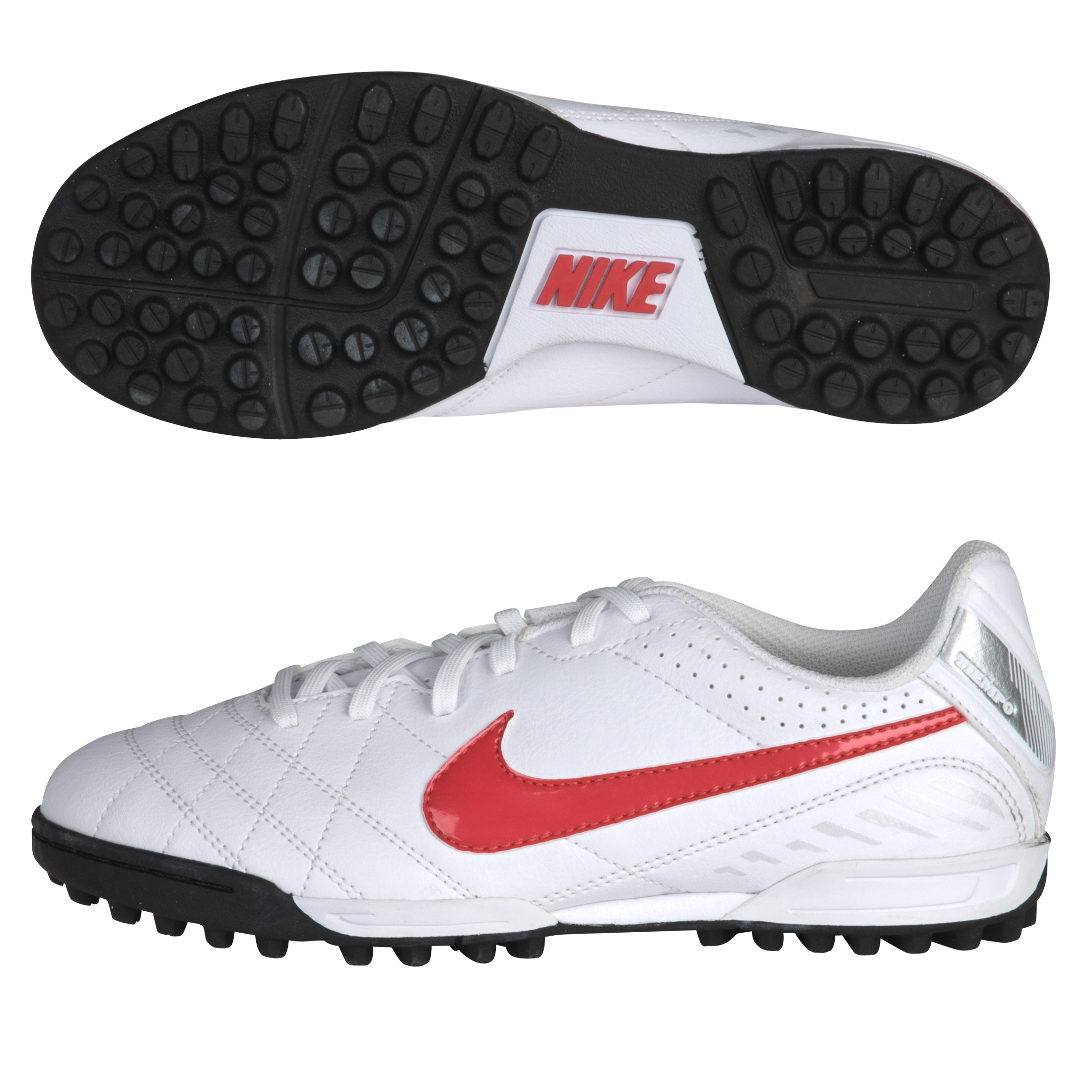 Nike Tiempo Natural IV Astro Turf Trainers - White-Siren Red-Metallic Silver - Kids
