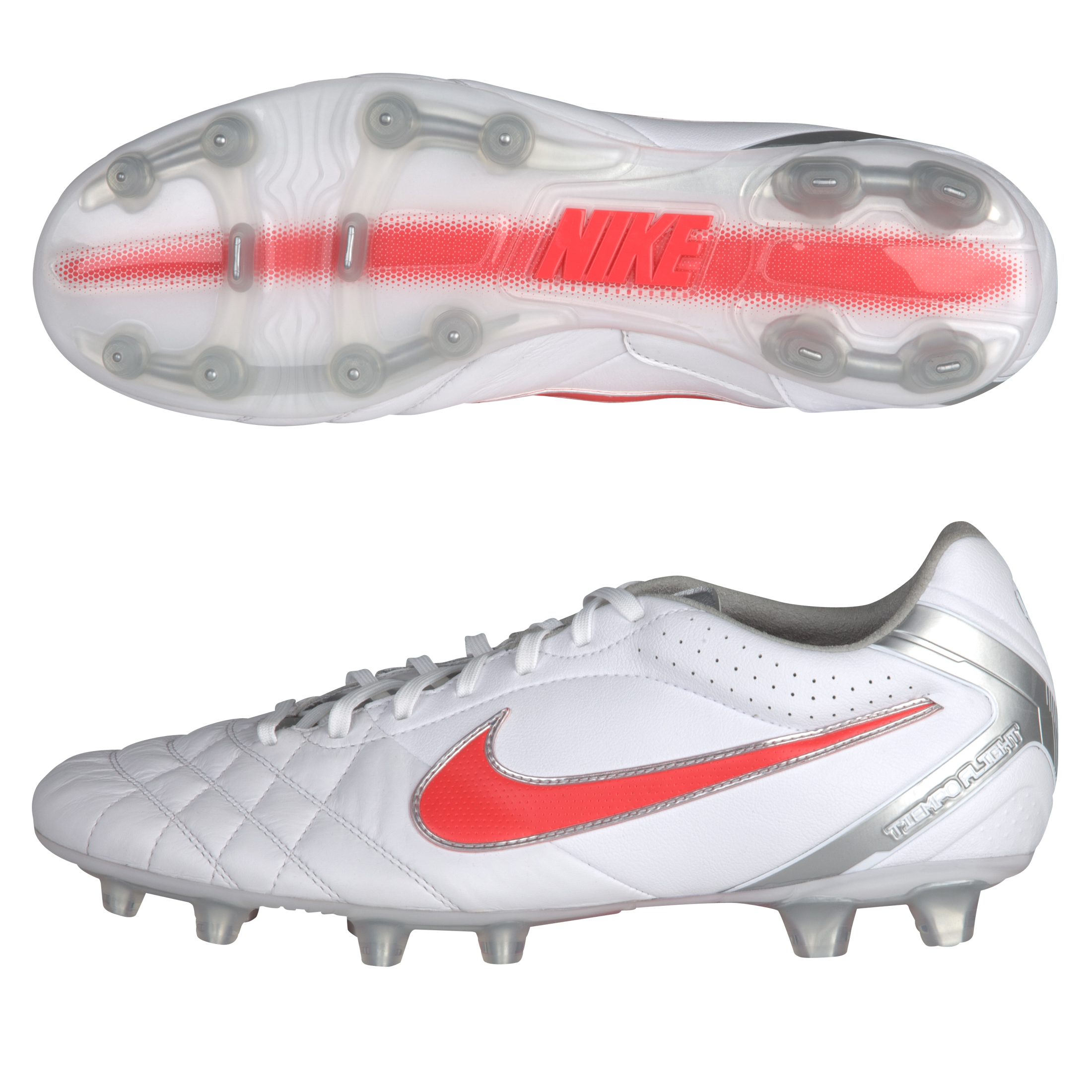 Nike Tiempo Flight Firm Ground Football Boots - White-Siren Red-Metallic Silver