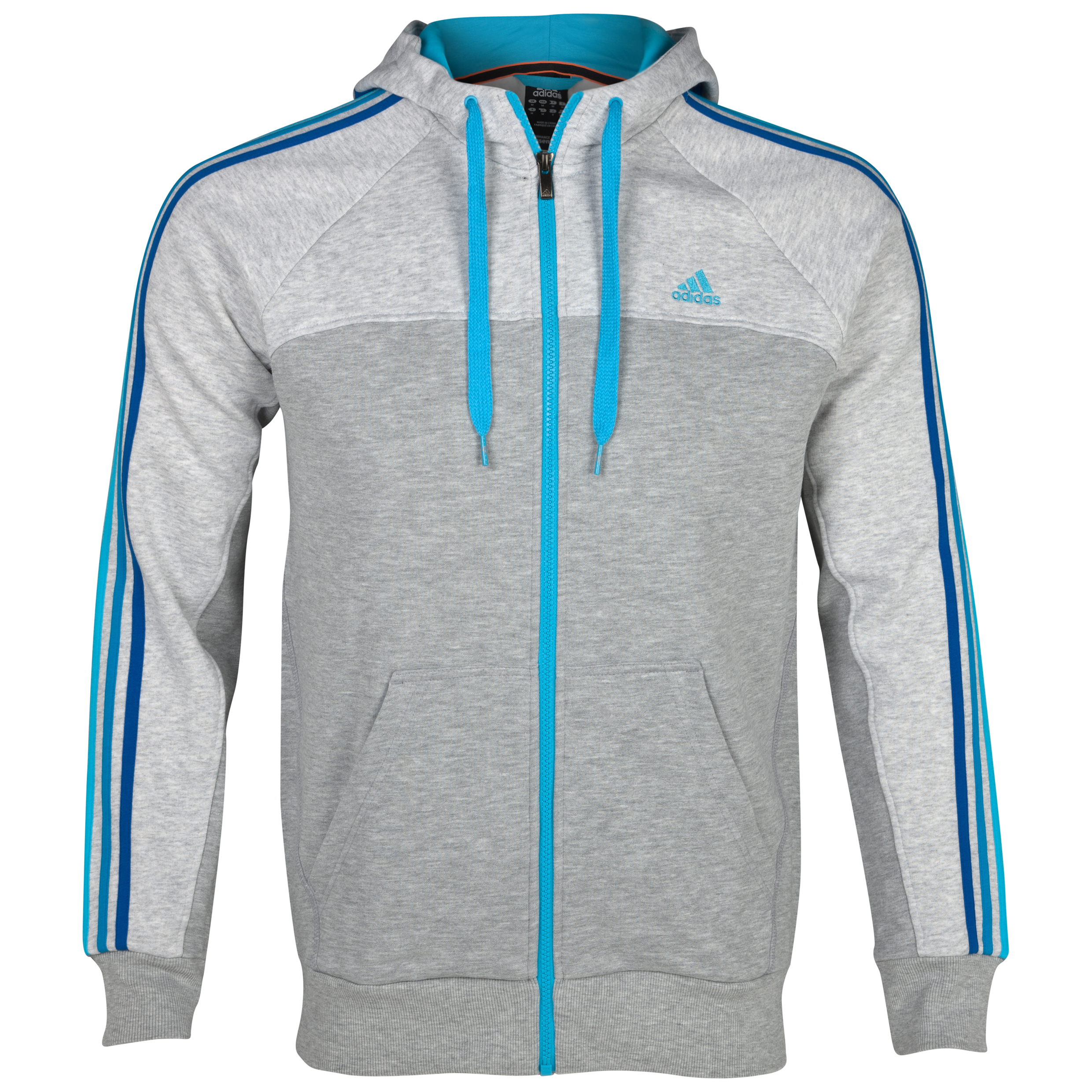 adidas Essentials 3 Stripe Full Zip Hooded Top - Medium Grey Heather/Light Grey Heather