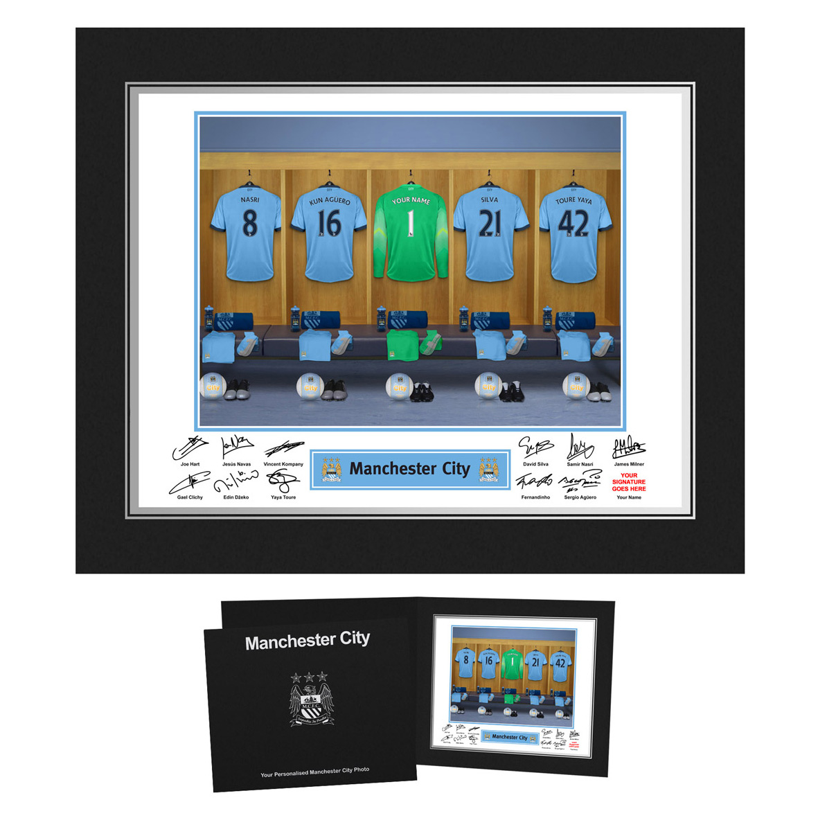 Manchester City Personalised Goal Keeper Dressing Room Photo in Presentation Folder