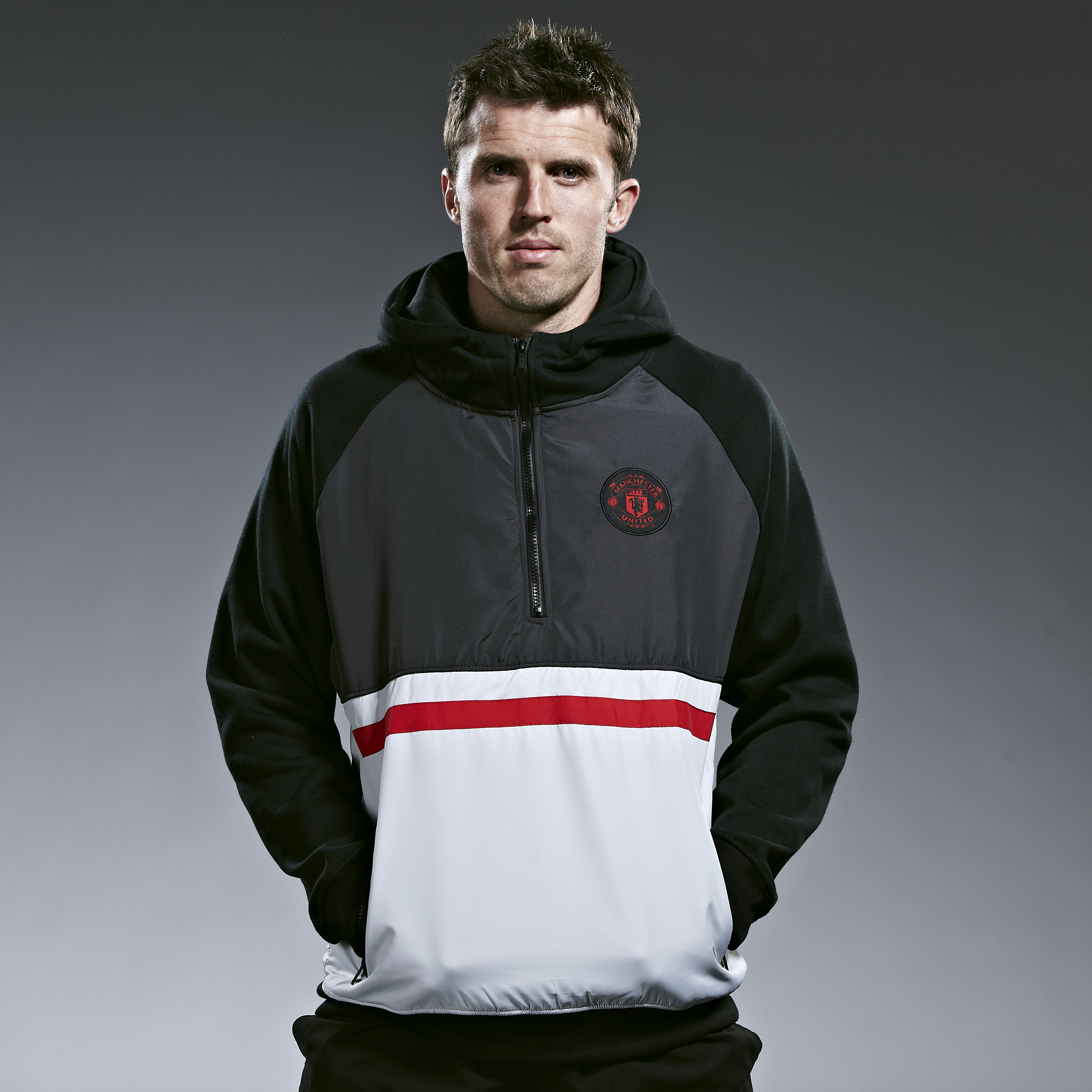 Manchester United Classic Nylon Overlay 1/2 Zip Hoody - Black/Red/Grey Marl - Mens