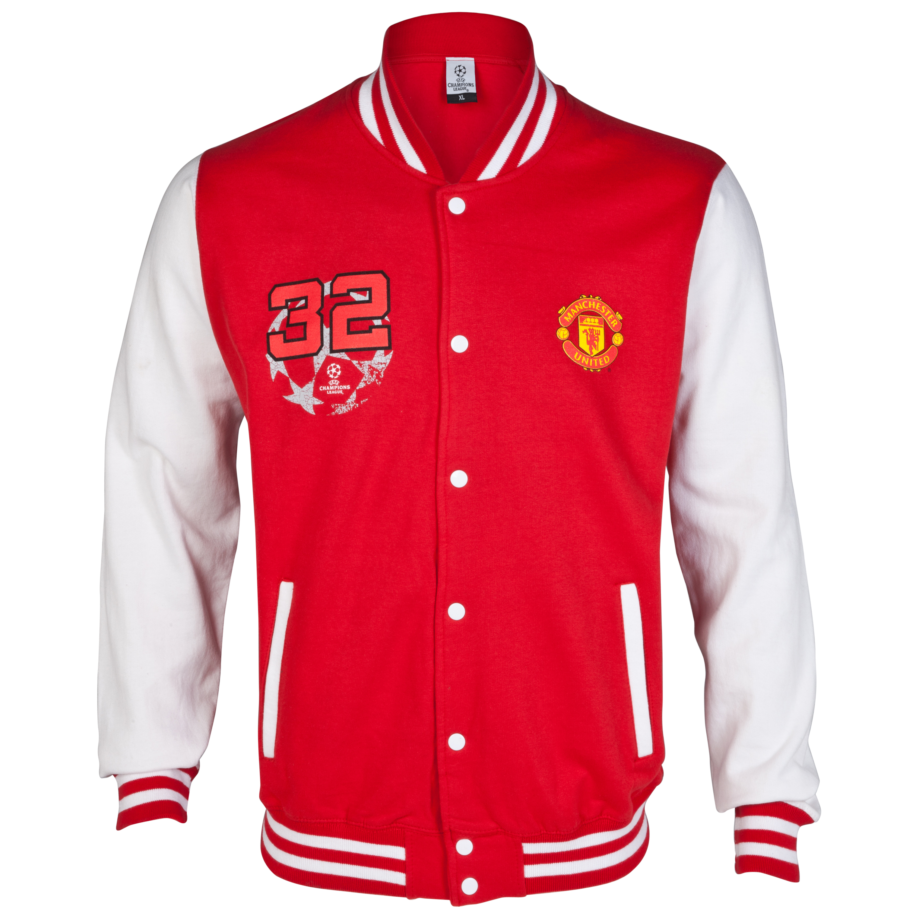 Manchester United UEFA Champions League Printed Varsity Baseball Jacket - Red/White