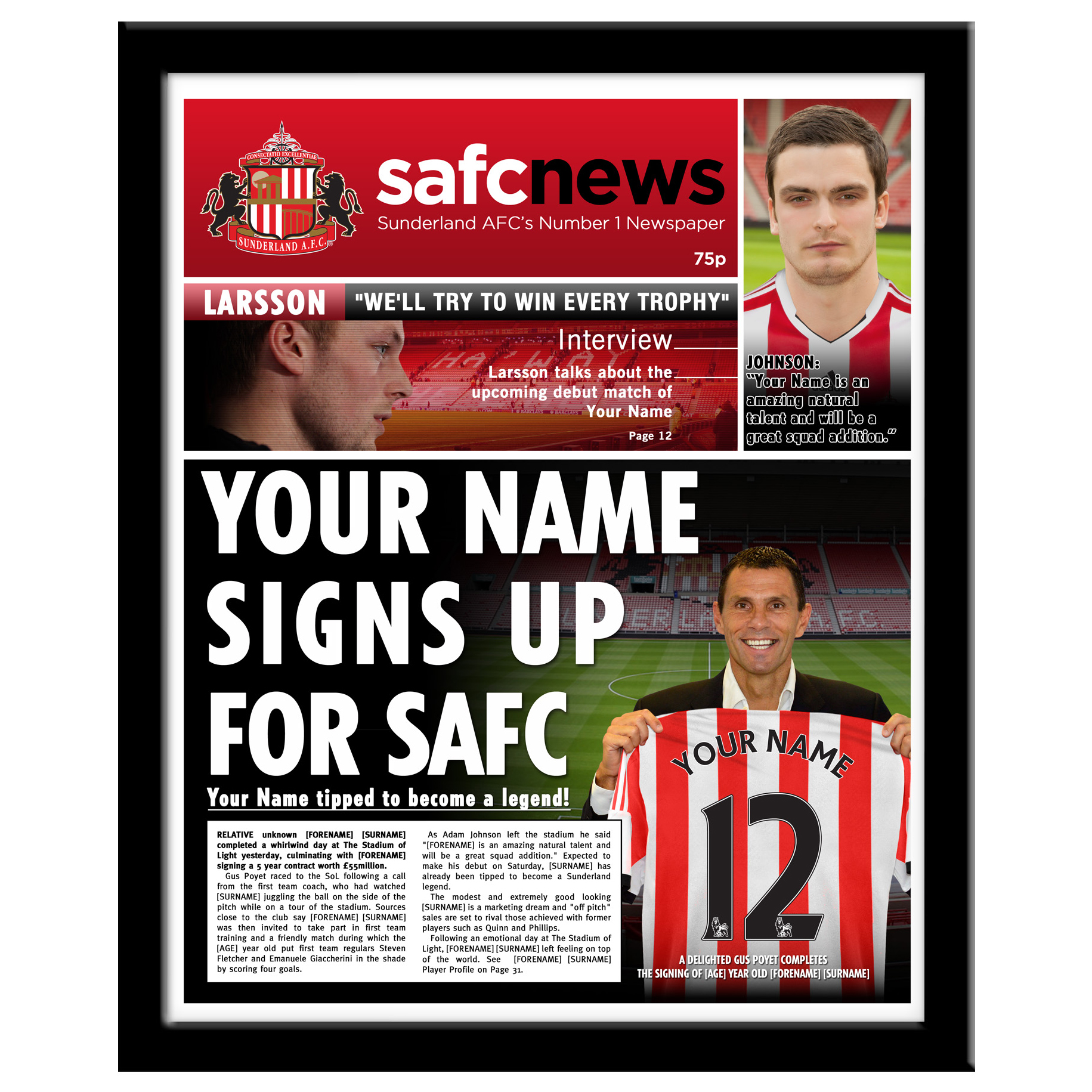 Sunderland Personalised SAFC Newspaper Framed