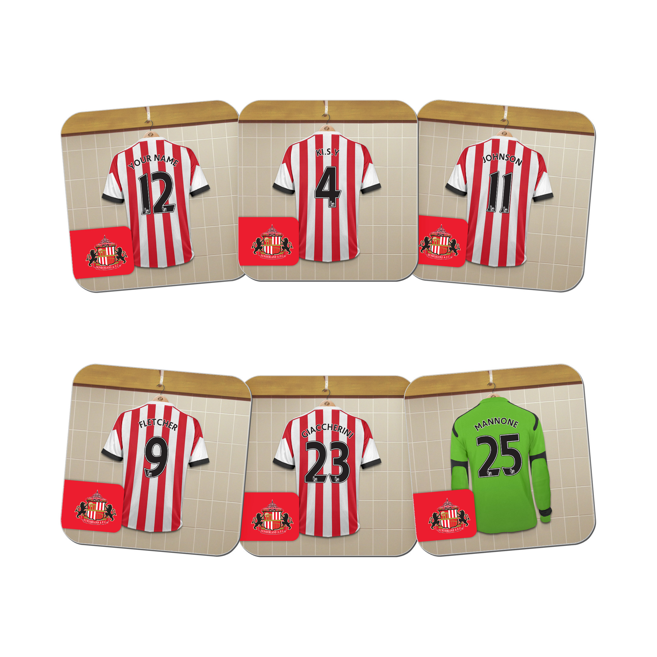 Sunderland Personalised Dressing Room Coasters 6 Pack