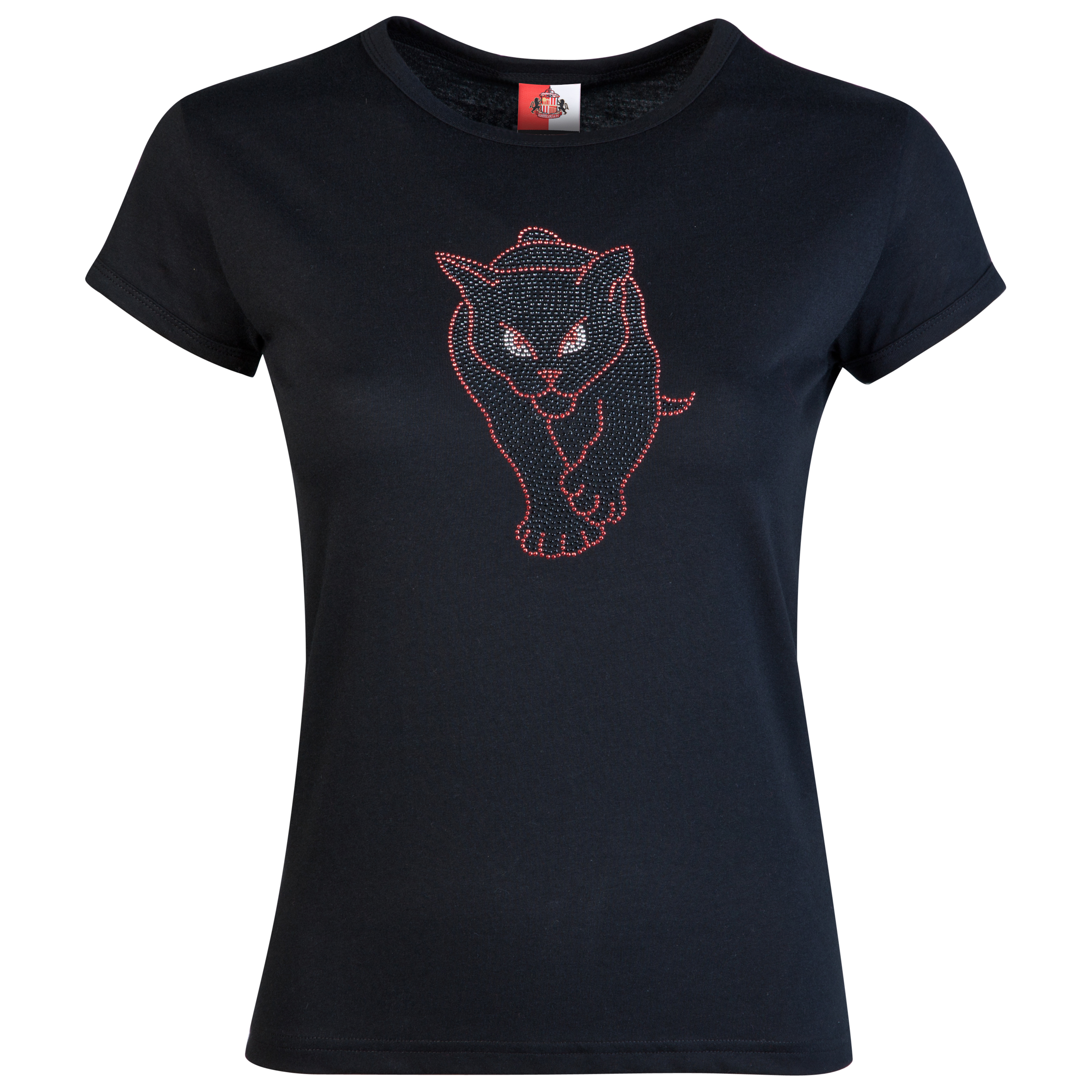 Sunderland Rhinestone Black Cat T-Shirt - Black - Womens