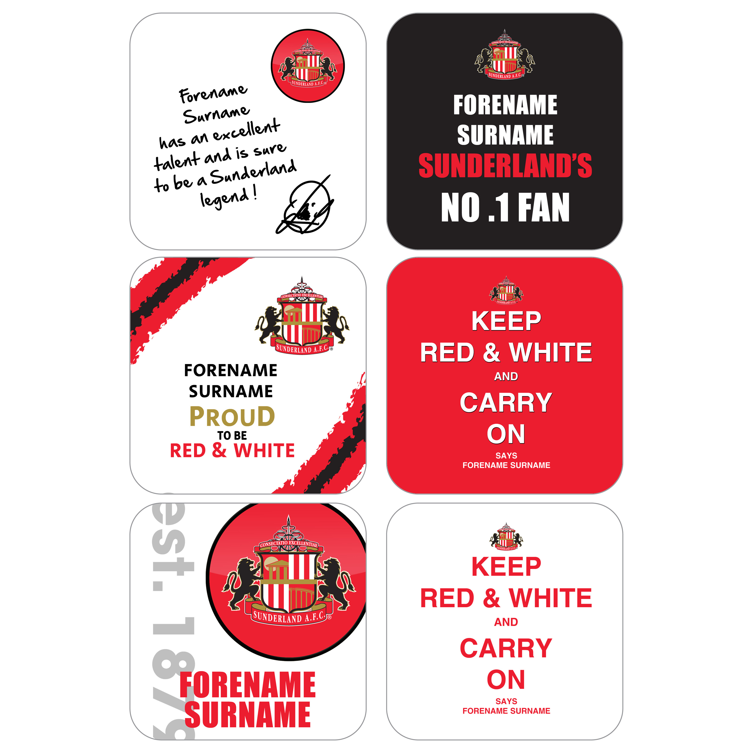Sunderland Personalised Coasters 6 Pack