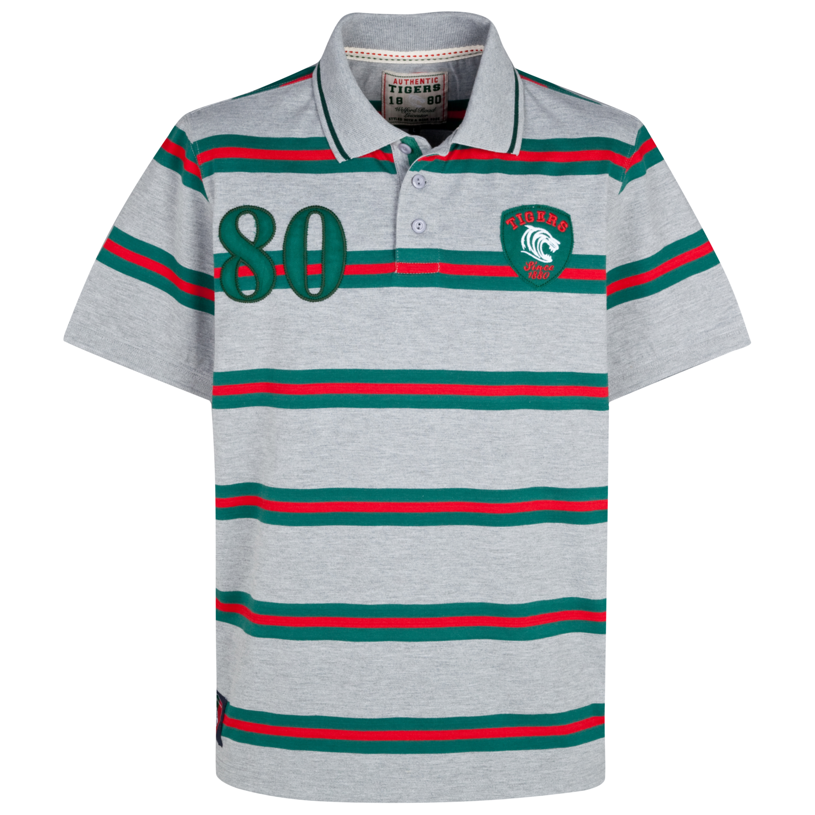 Leicester Tigers Newtown Stripe Polo Top Grey Marl~Green~Red